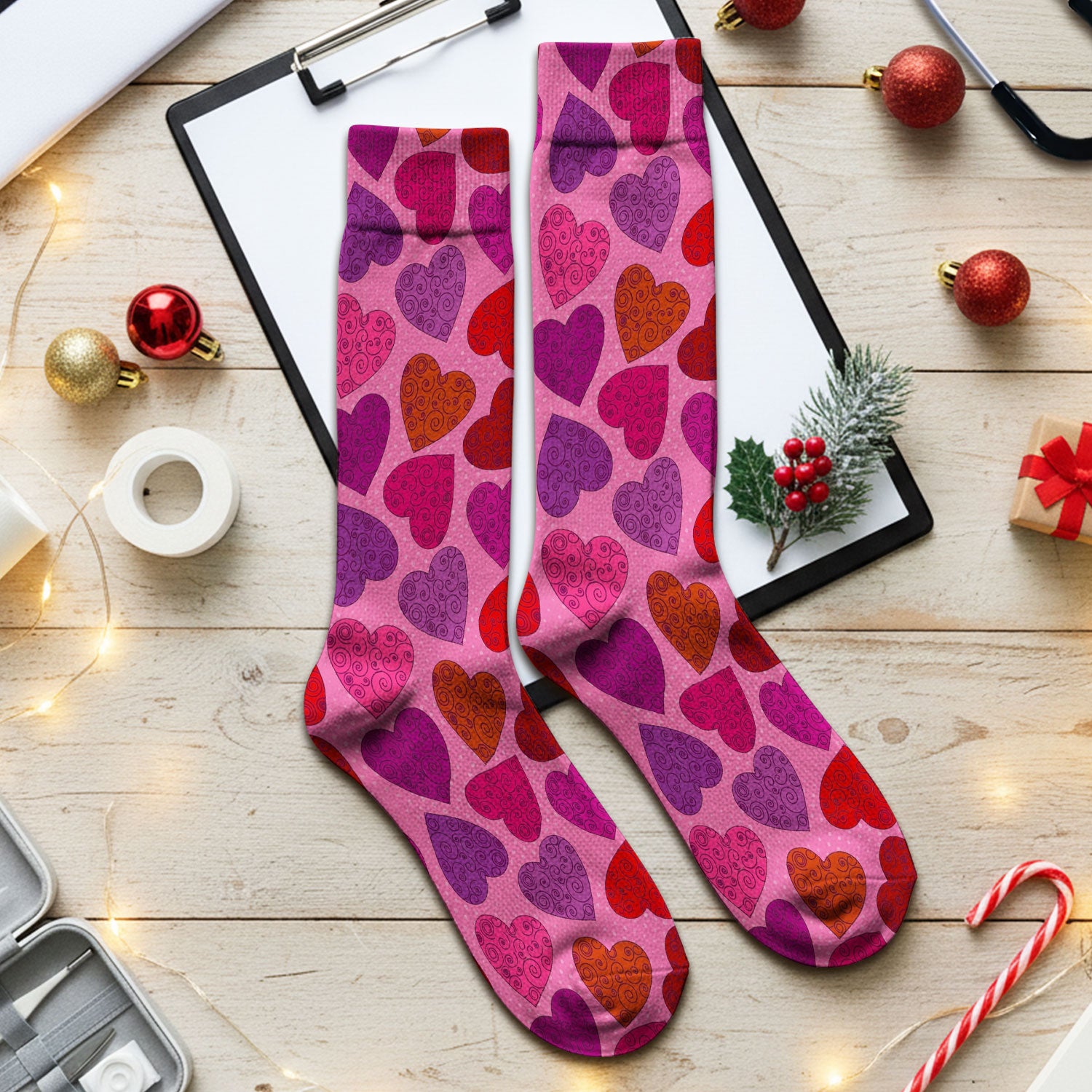 Women’s Pink Heart Scrub Socks, Valentine Heart Pattern Nurse Sock, Comfortable Scrubs For Nursing