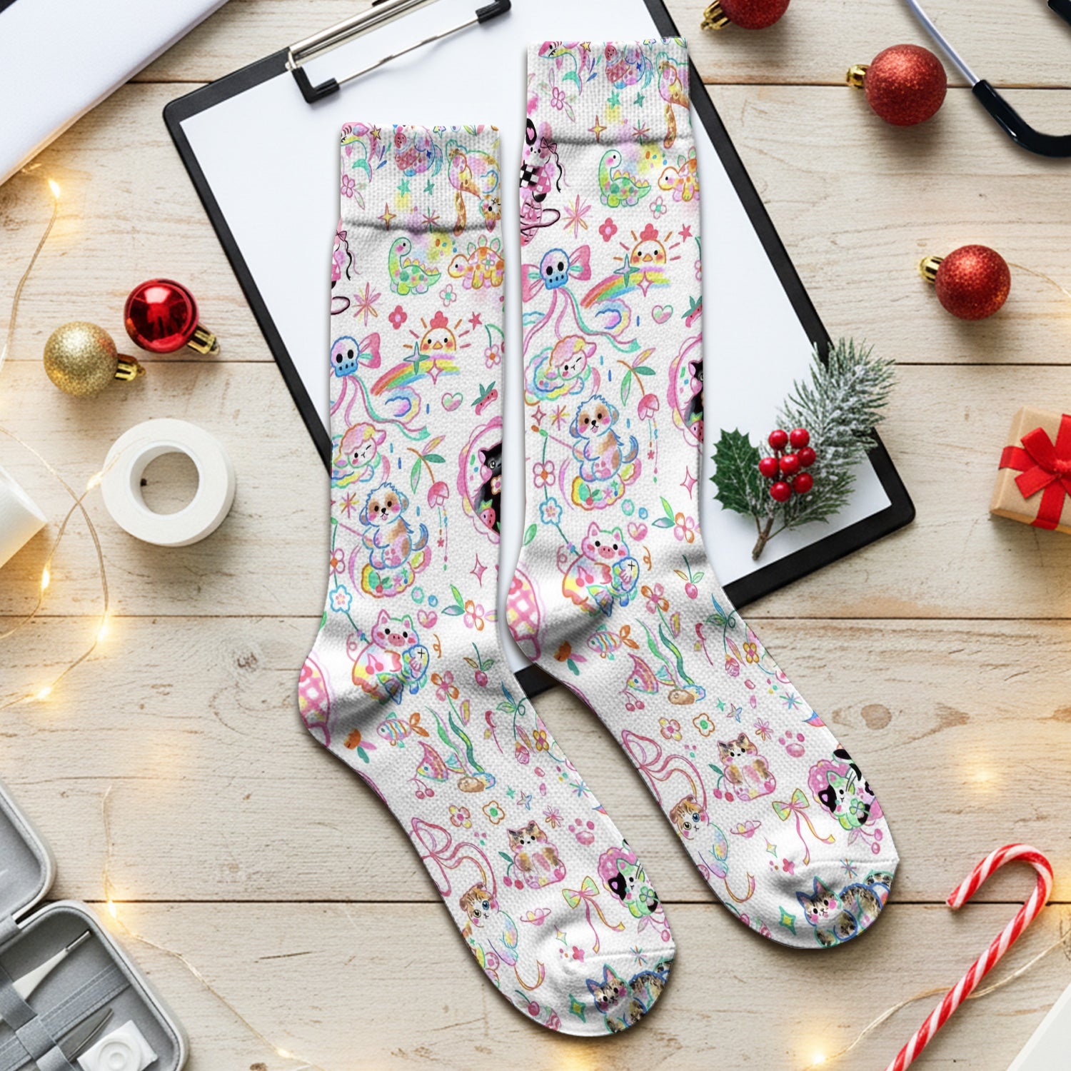Cute Kawaii Animal Rainbow Heart Pattern Socks, Adult Socks for Men and Women