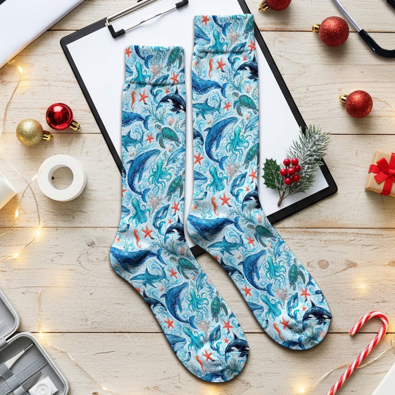 Watercolor Ocean Wildlife Scene Pattern Socks, Adult Socks for Men and Women
