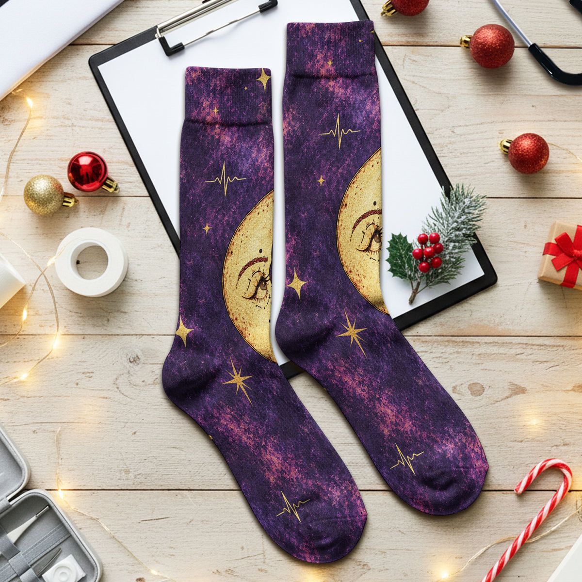 Celestial Nurse Black Cat Crescent Moon Socks, Adult Socks for Men and Women