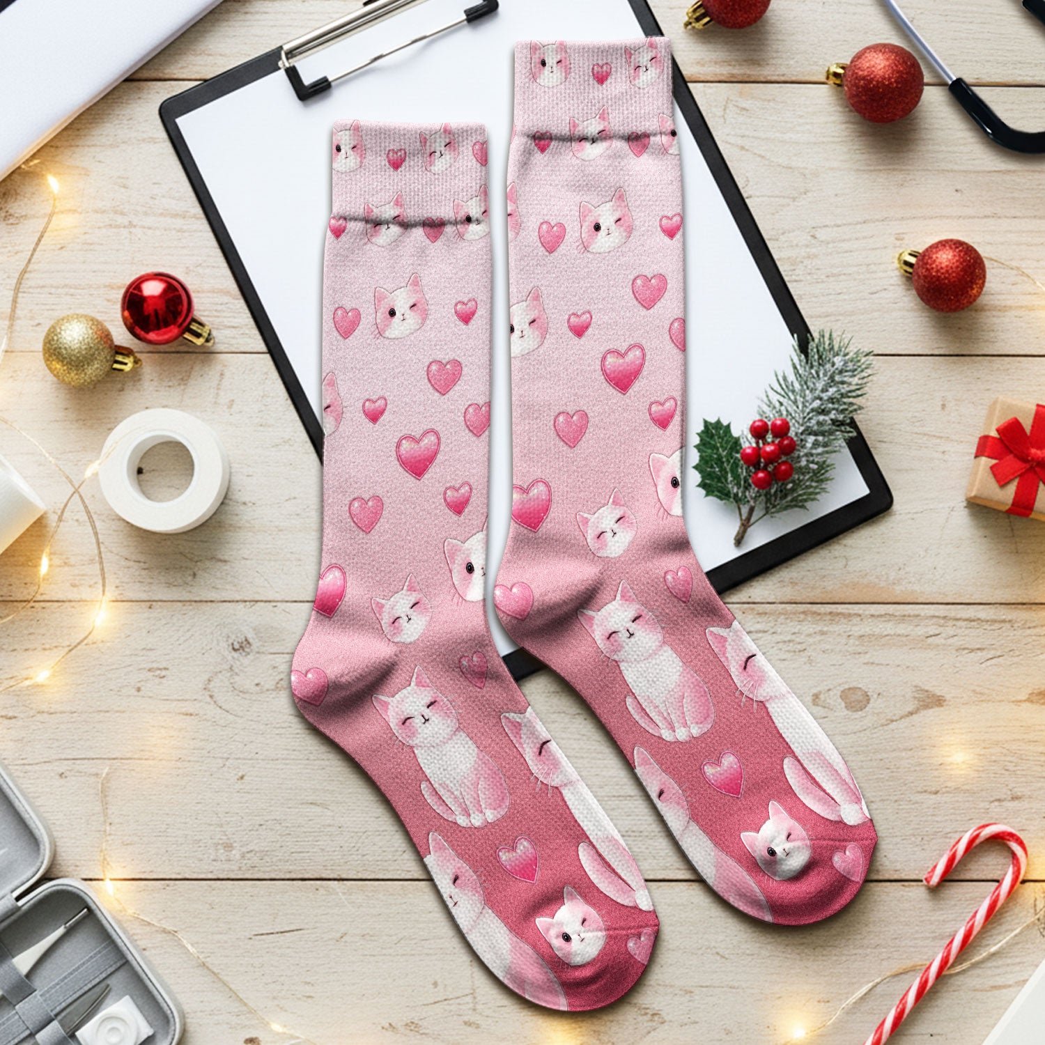 Valentine Cat Scrub Socks, Cute Heart Pattern Nurse Sock, Comfortable Scrubs For Nursing