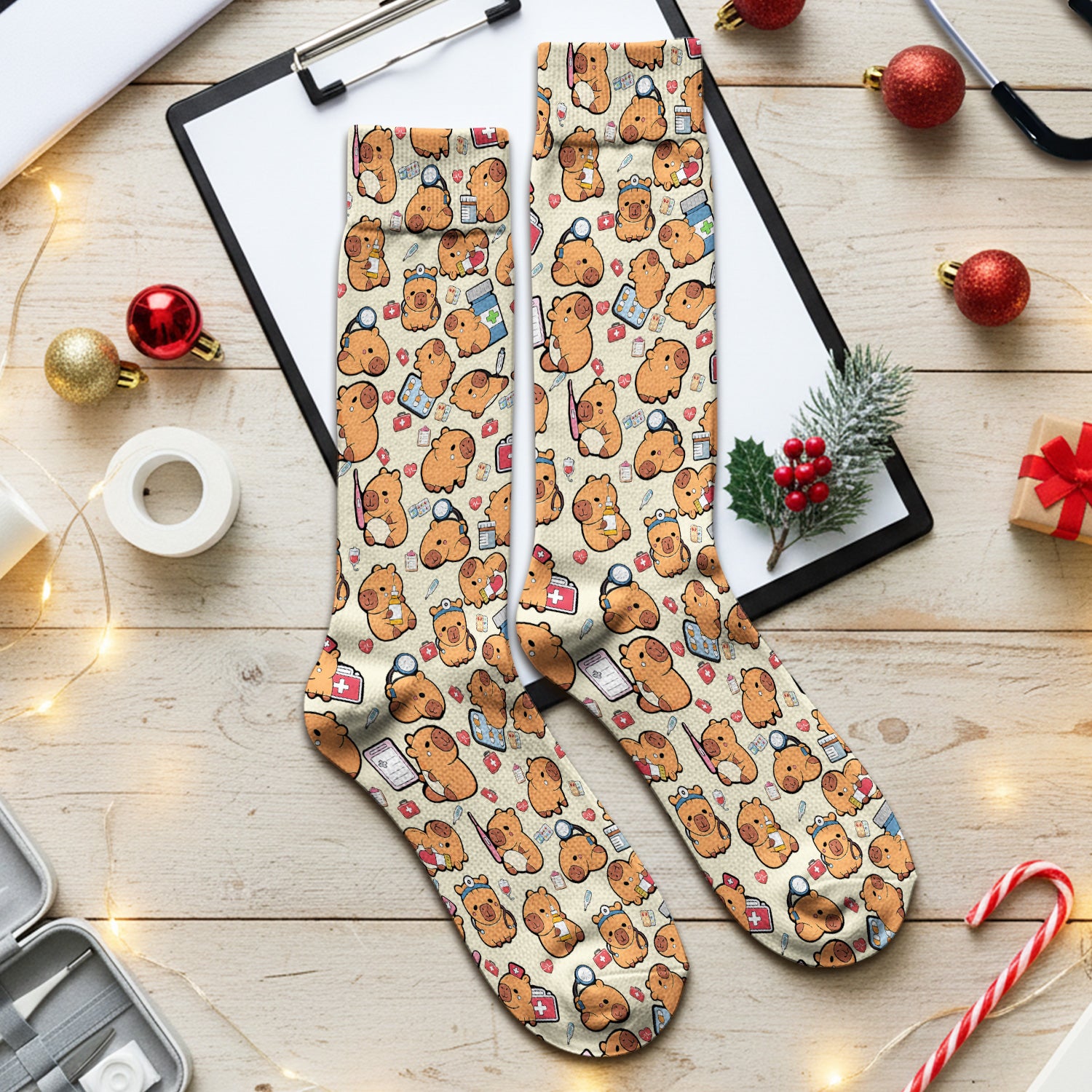 Capybara With Stethoscope And Medical Tools Seamless Socks, Breathable Fabrics Medical Uniform
