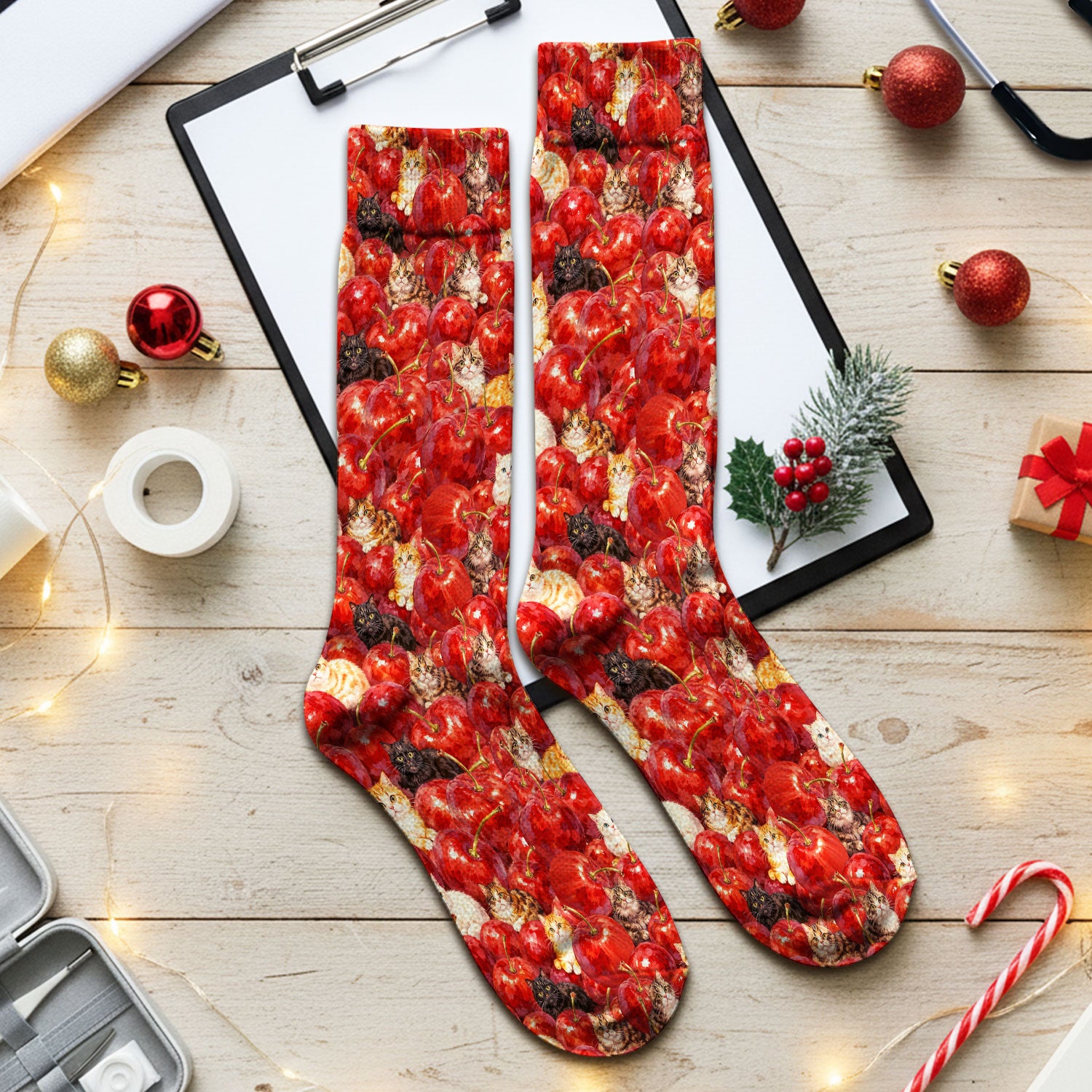 Cute Cat Cherry Pattern Socks, Adult Socks for Men and Women