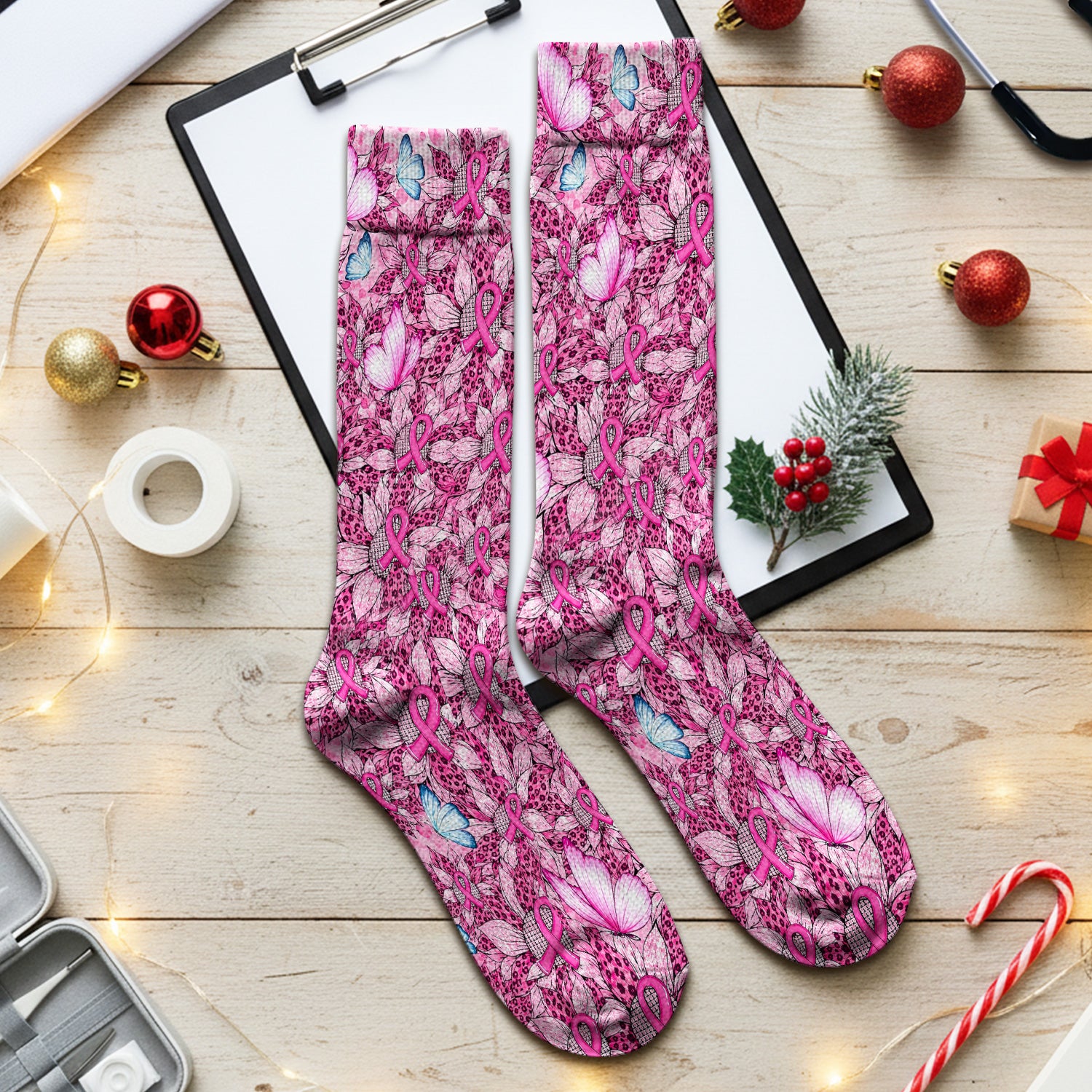Pink Ribbon Butterfly Breast Cancer Socks, Adult Socks for Men and Women