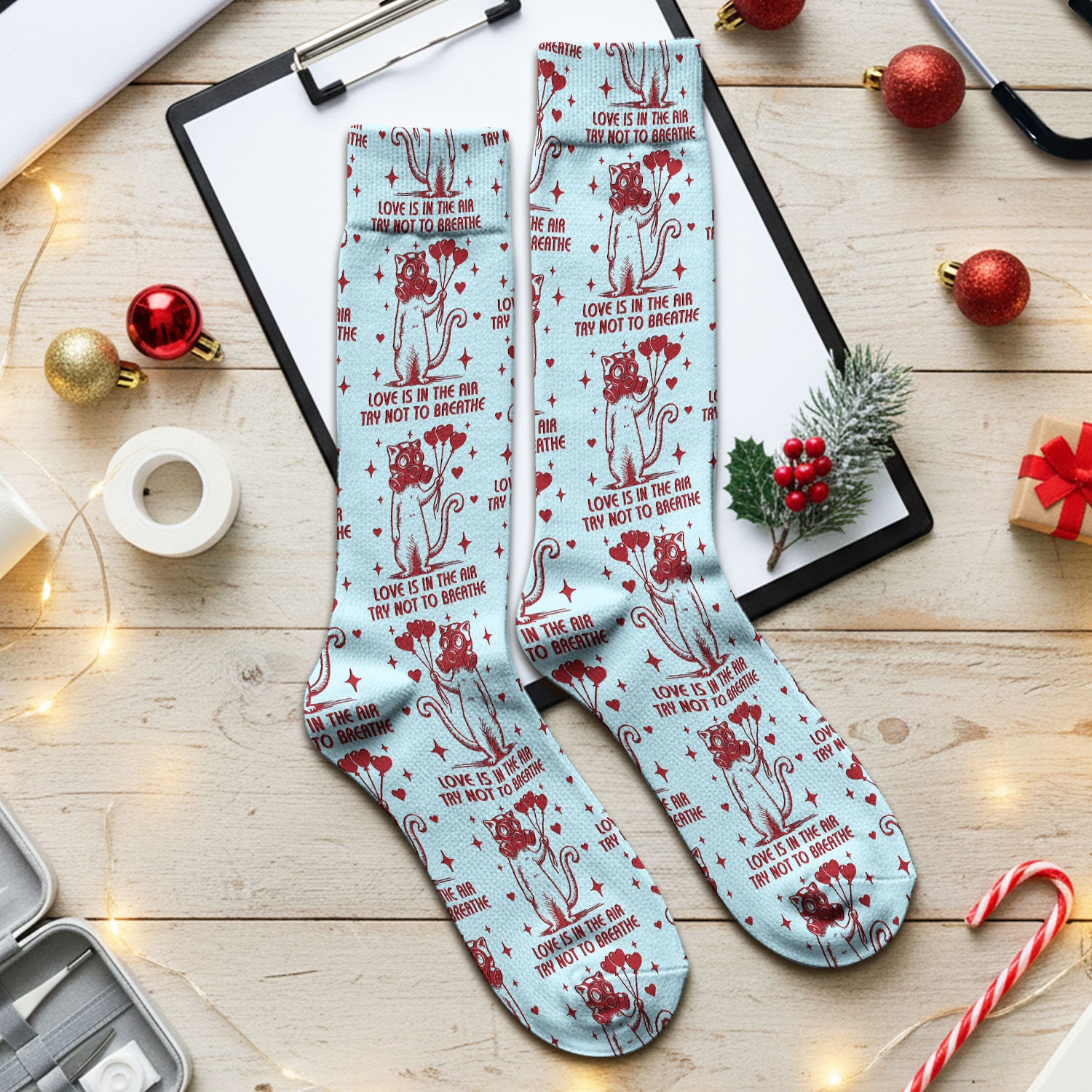 Gas Mask Cat Heart Balloon Valentine Print Socks, Adult Socks for Men and Women