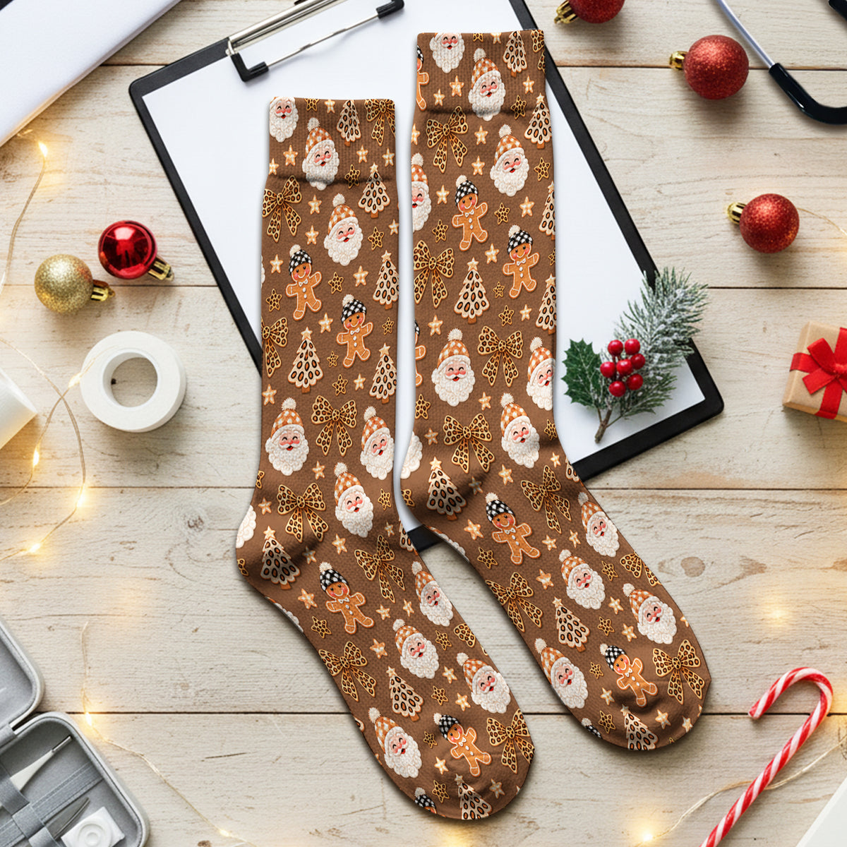 Funny Christmas Cat Baking Biscuits Pattern Socks, Adult Socks for Men and Women