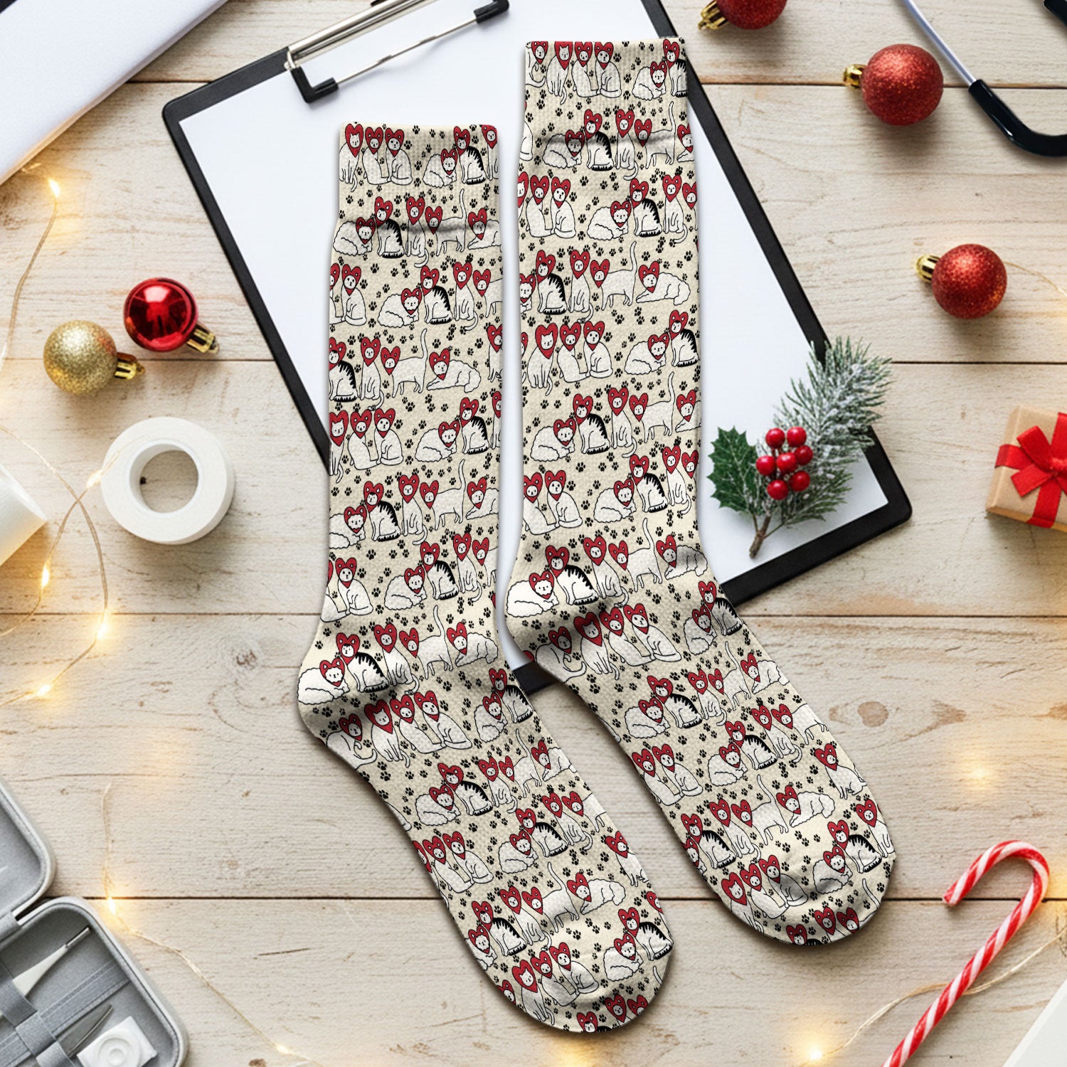 Cute Cat Heart Pattern Scrub Socks, Funny Cat Scrub Sock For Nurses, Breathable Fabrics Nursing Uniform
