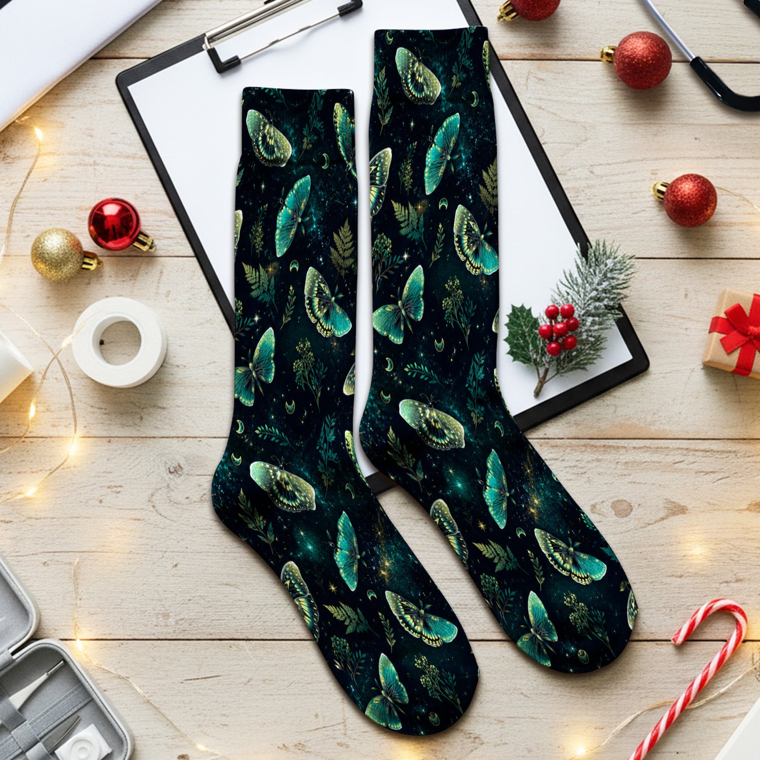 Mystical Moonlight Butterfly Garden Pattern Socks, Adult Socks for Men and Women