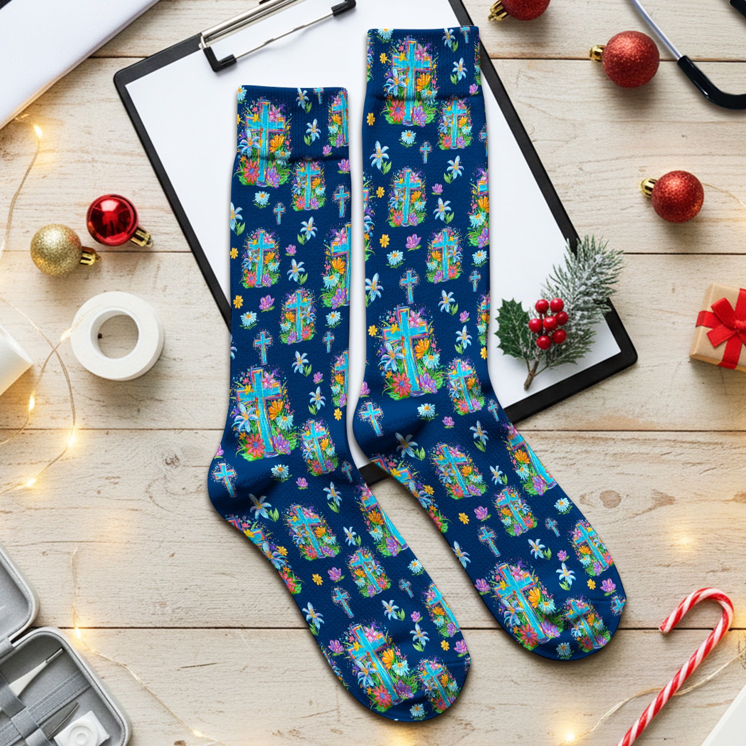 Christian Floral Cross Spring Pattern Socks, Breathable Fabrics Medical Uniform