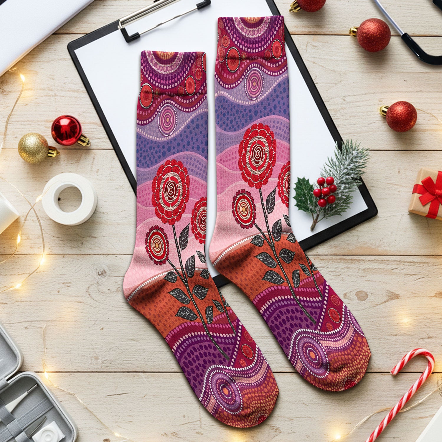 Boho Dot Art Valentine Scrub Socks, Artistic Heart Pattern Nurse Sock, Comfortable Scrubs For Nursing