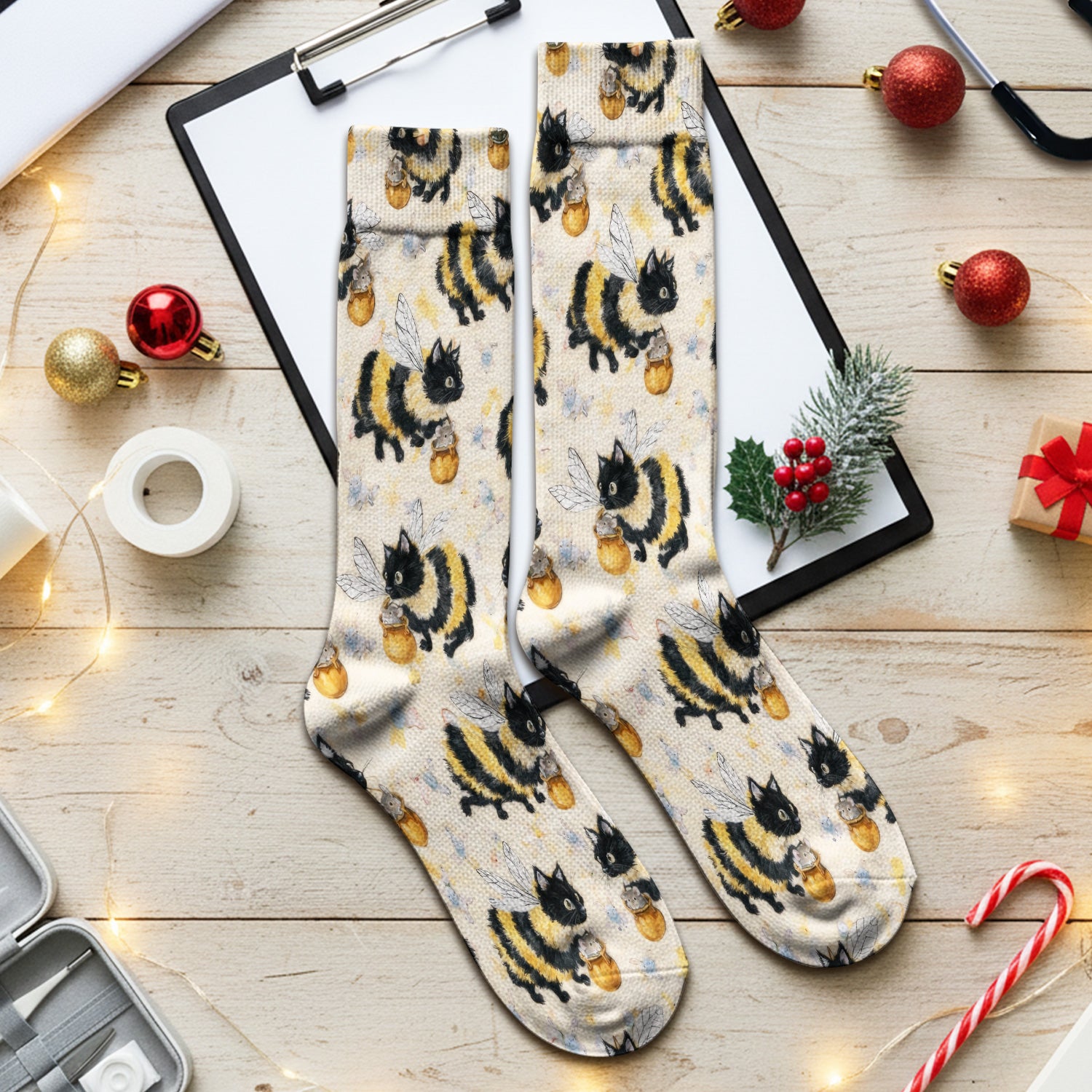 Adorable Nurse Bumblebee Cat Honey Jar Winged Pattern Socks, Adult Socks for Men and Women