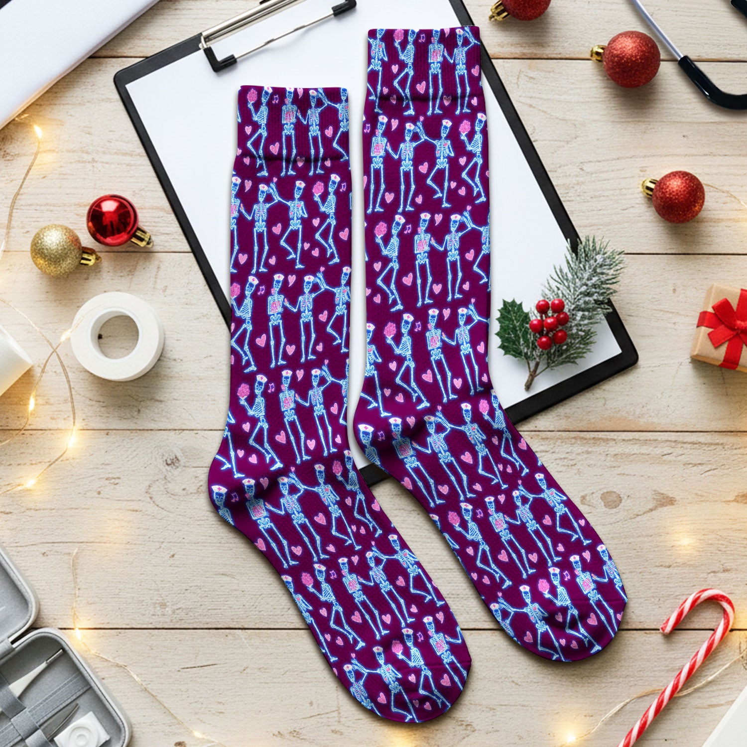 Skeleton Nurse Heart Pattern Socks, Playful Nurse Style, Adult Socks for Men and Women