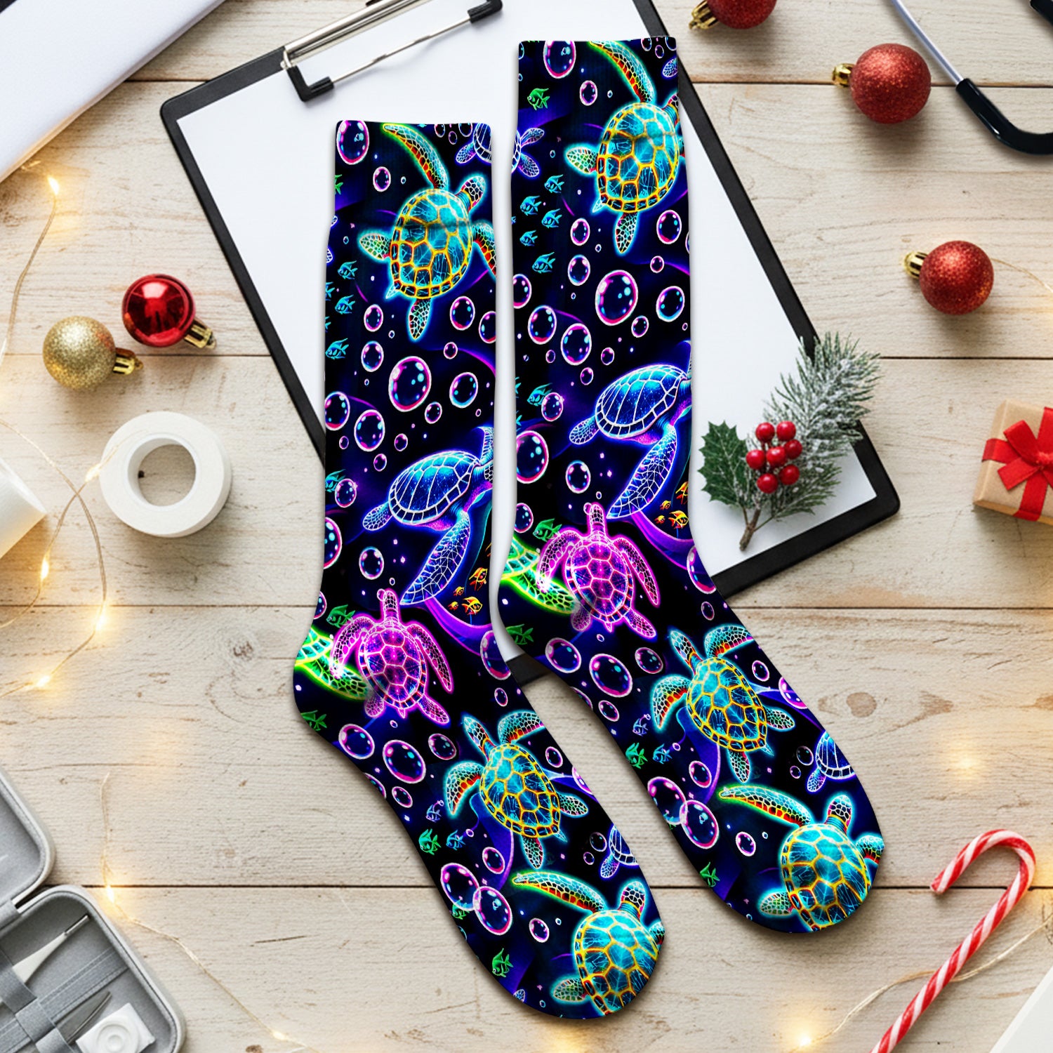 Neon Sea Turtle Swimming Bubble Ocean Socks, Adult Socks for Men and Women