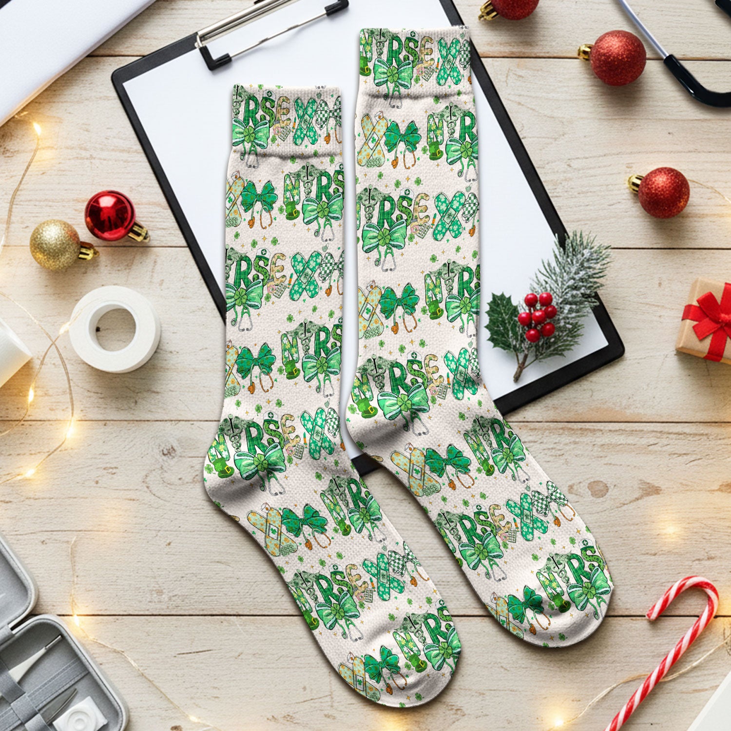 St. Patrick’s Nurse Scrub Socks, Lucky Clover And Green Bow Pattern Nurse Sock, Breathable Fabrics Nursing Uniform