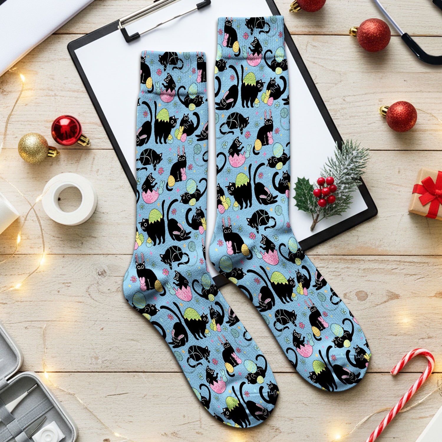 Funny Easter Black Cat Egg Pattern Print Socks, Adult Socks for Men and Women
