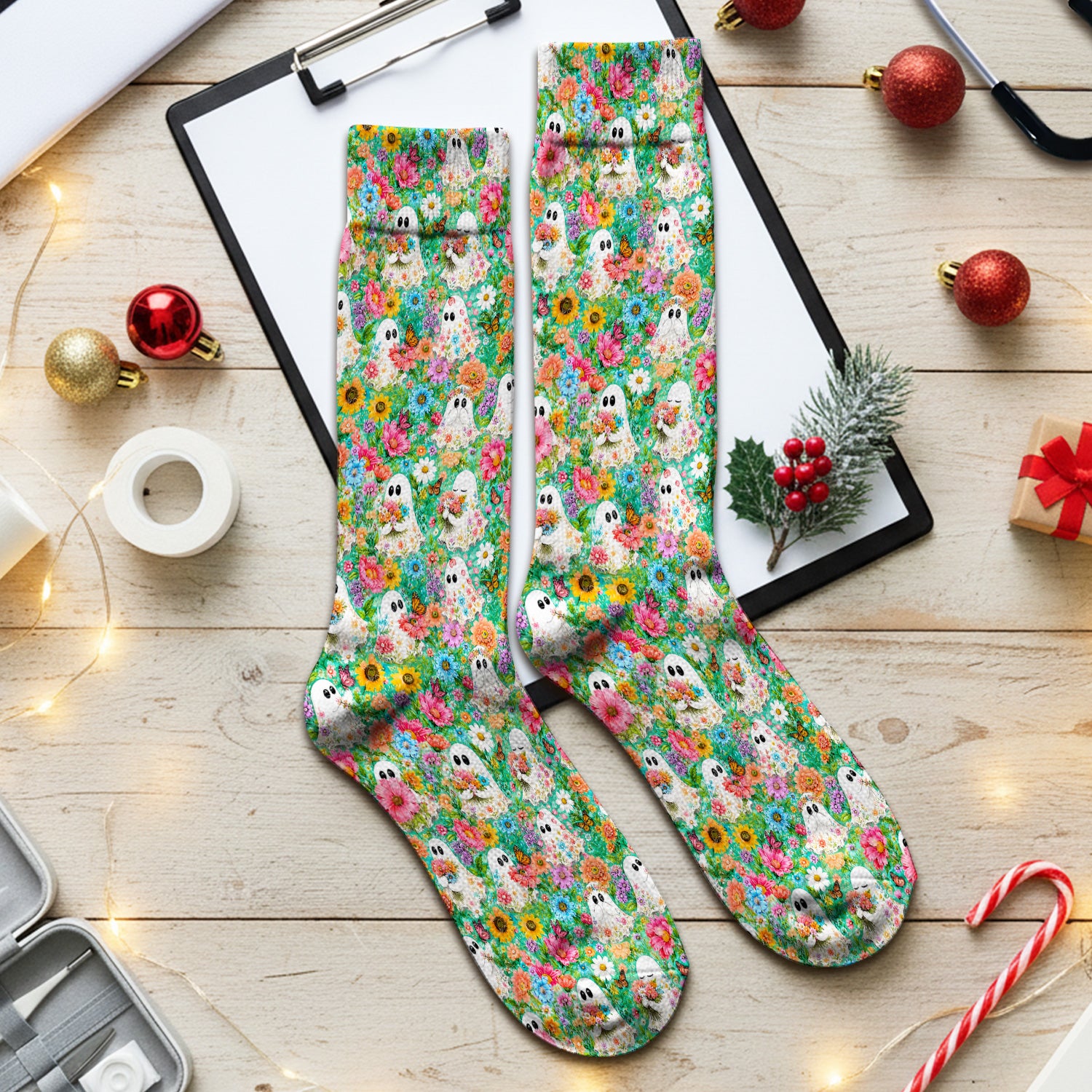 Cute Halloween Floral Ghosts Socks, Adult Socks for Men and Women