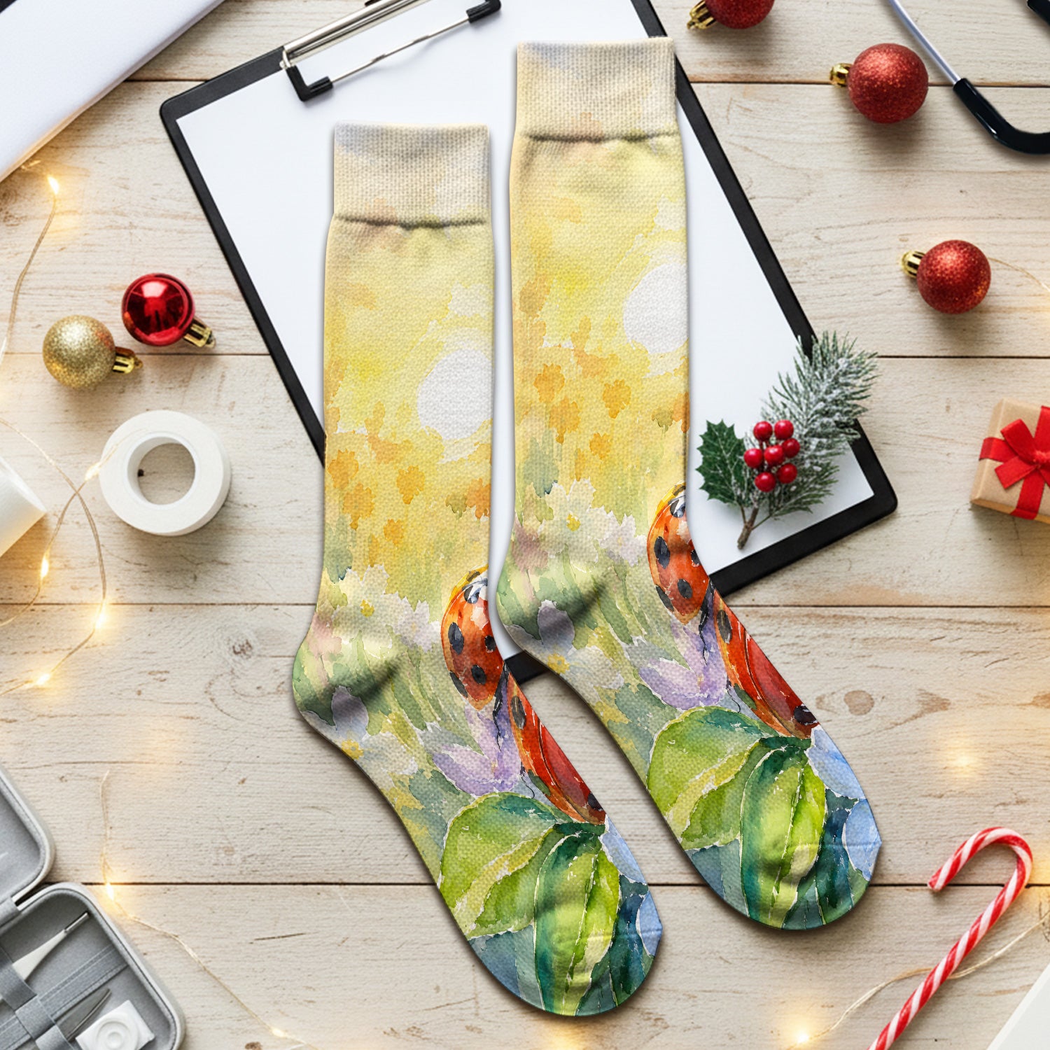 Ladybug Spring Flower Garden Print Socks, Adult Socks for Men and Women