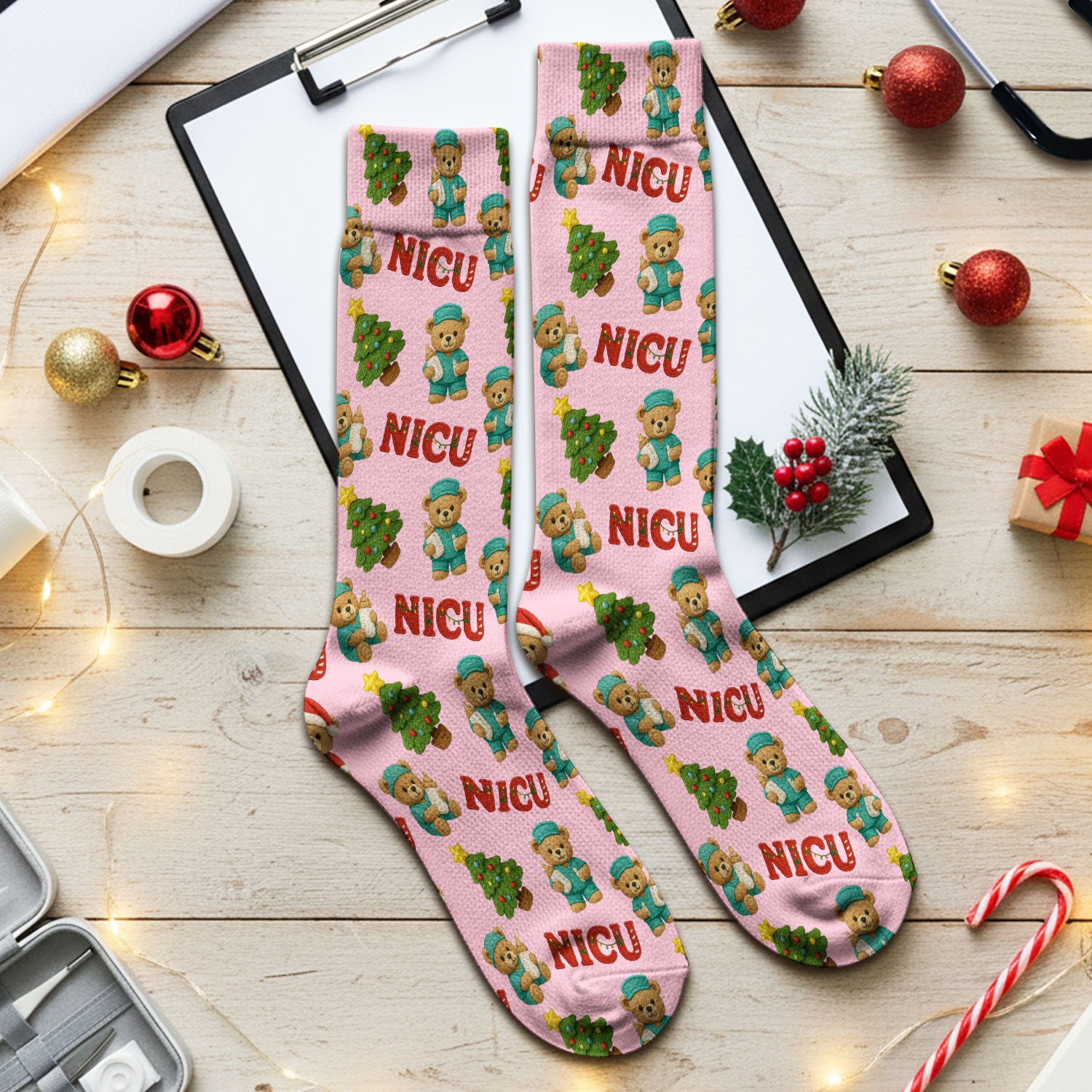Festive Christmas NICU Nurse Teddy Bear Pattern Print Socks, Adult Socks for Men and Women