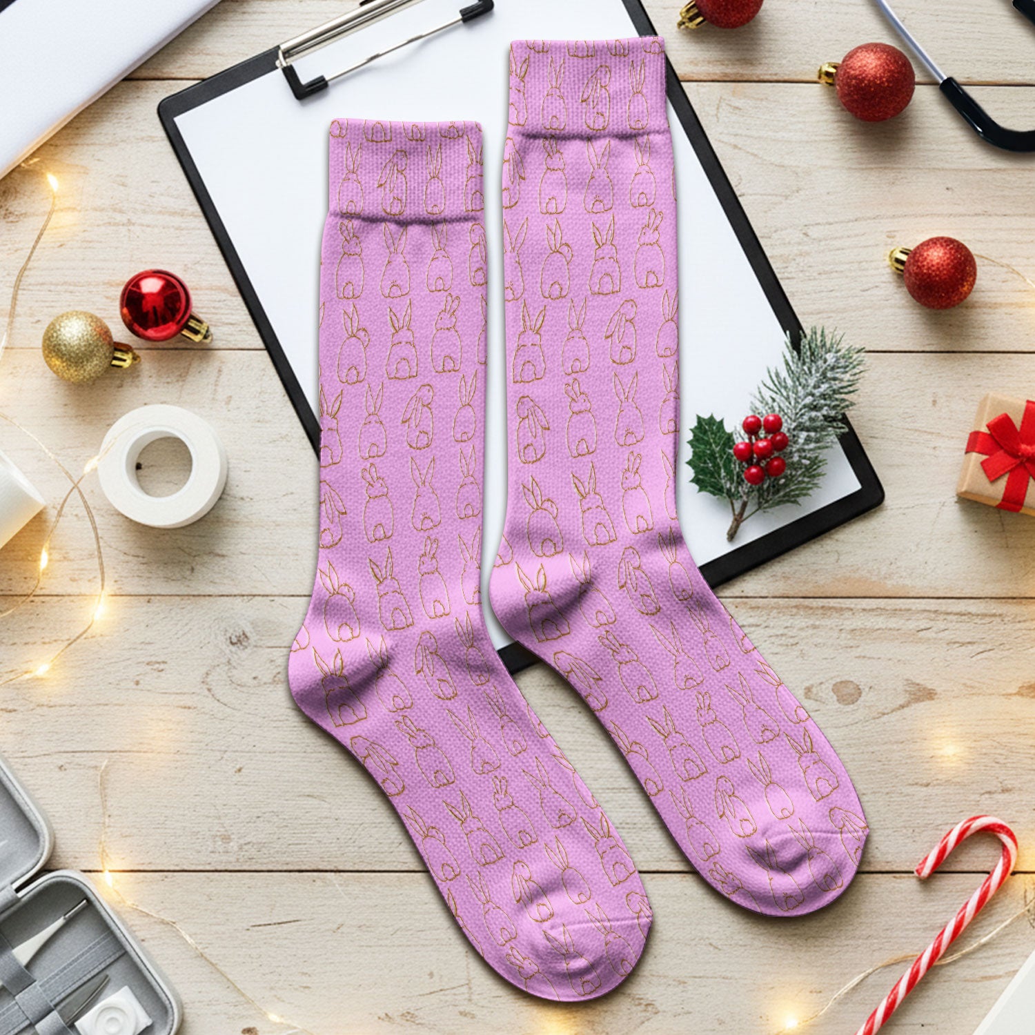 Cartoon Bunny Line Art Pattern Medical Socks, Breathable Fabrics Medical Uniform