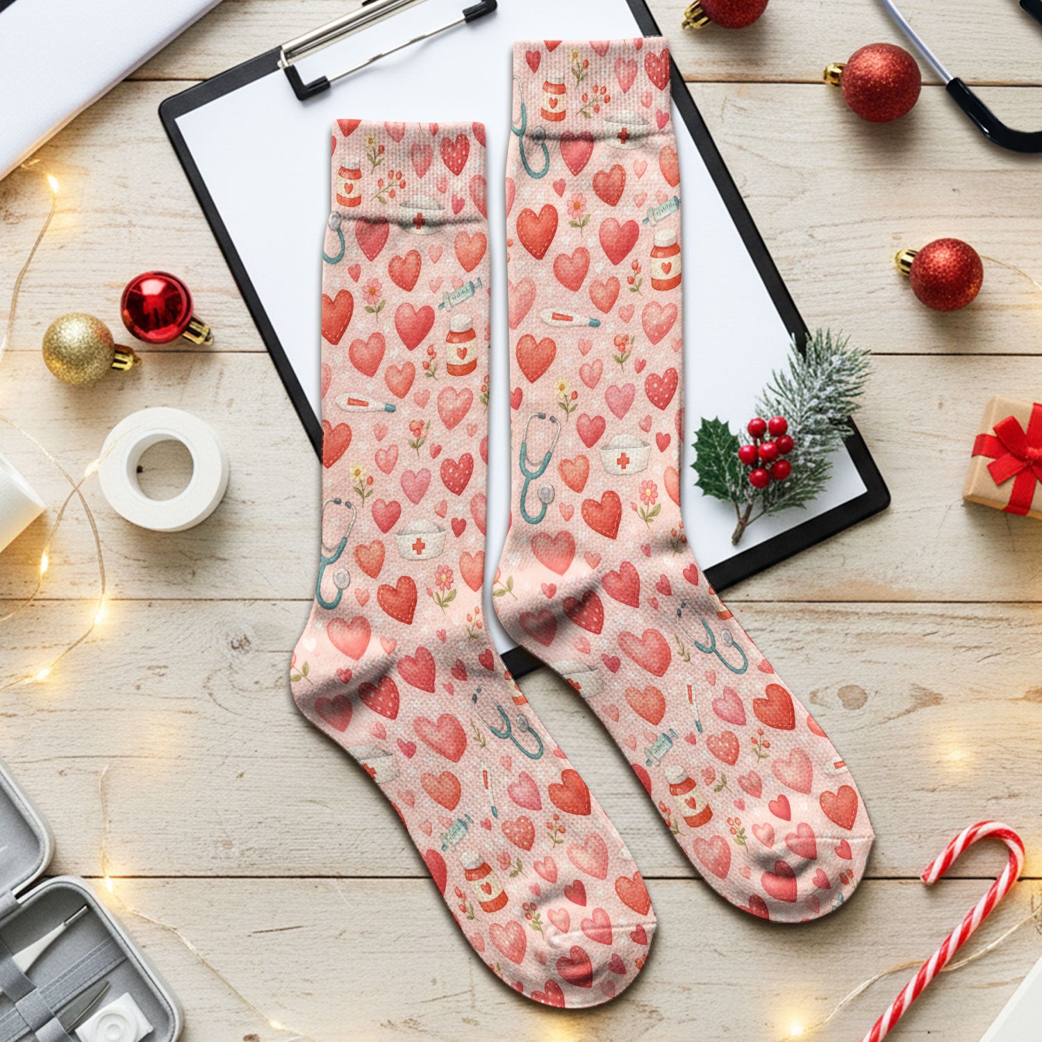 Cute Medical Heart Pattern Scrub Socks, Valentine Nurse Scrub Sock, Breathable Fabrics Nursing Uniform