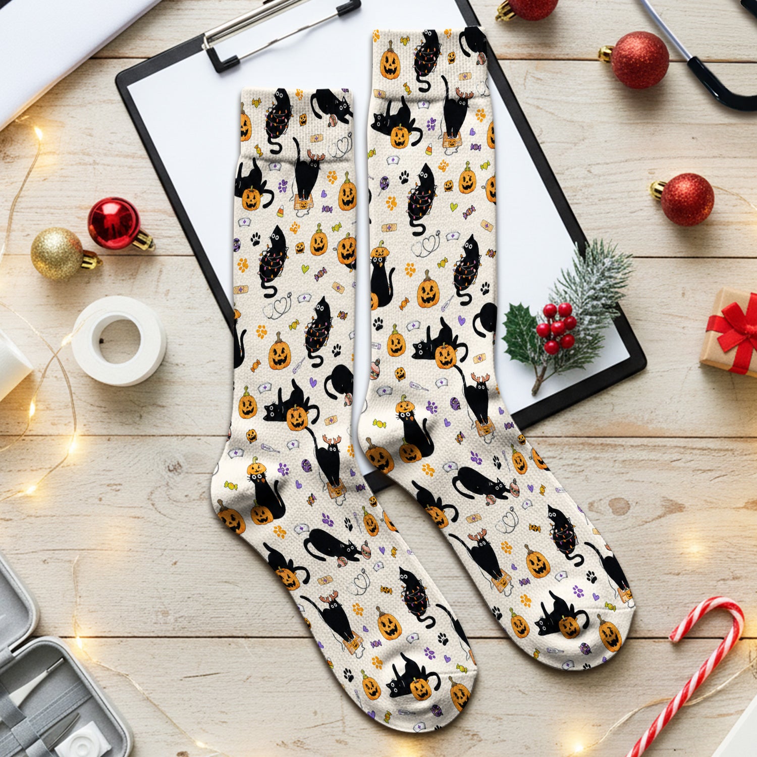 Pumpkin Black Cat Pattern Socks, Adult Socks for Men and Women