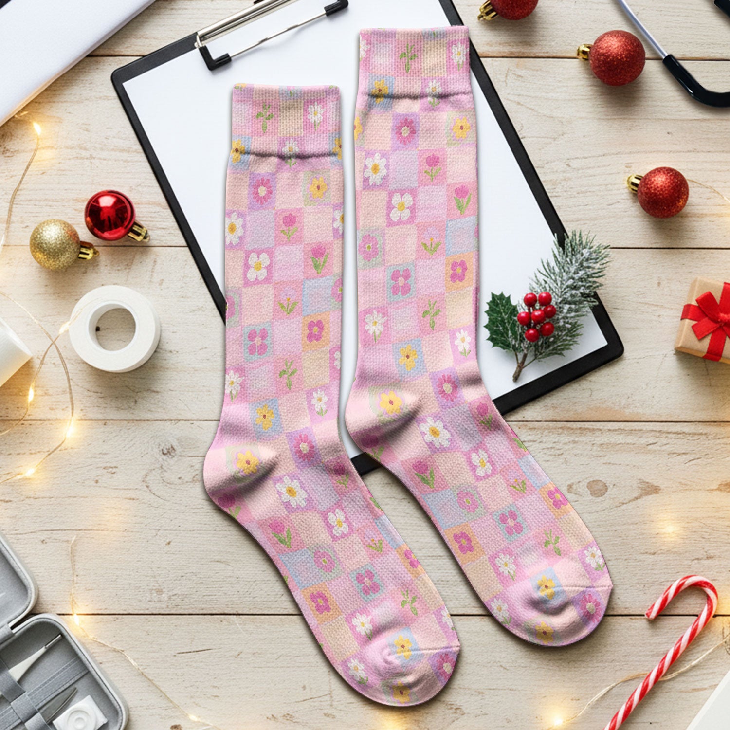 Lovely Pastel Floral Patchwork Pattern Socks, Socks for Nurse Doctor