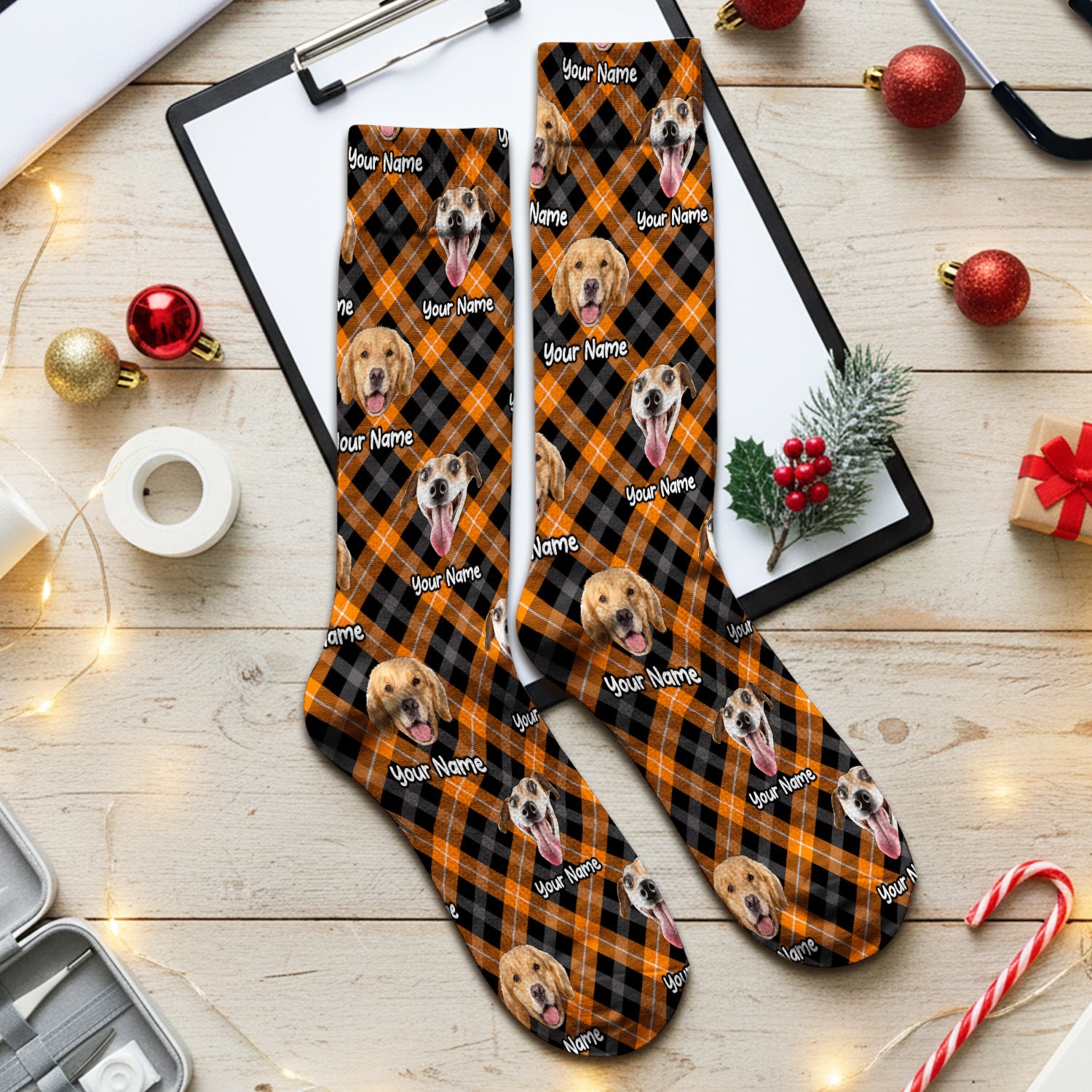 Personalized Halloween Dog Photo Plaid Socks, Adult Socks for Men and Women