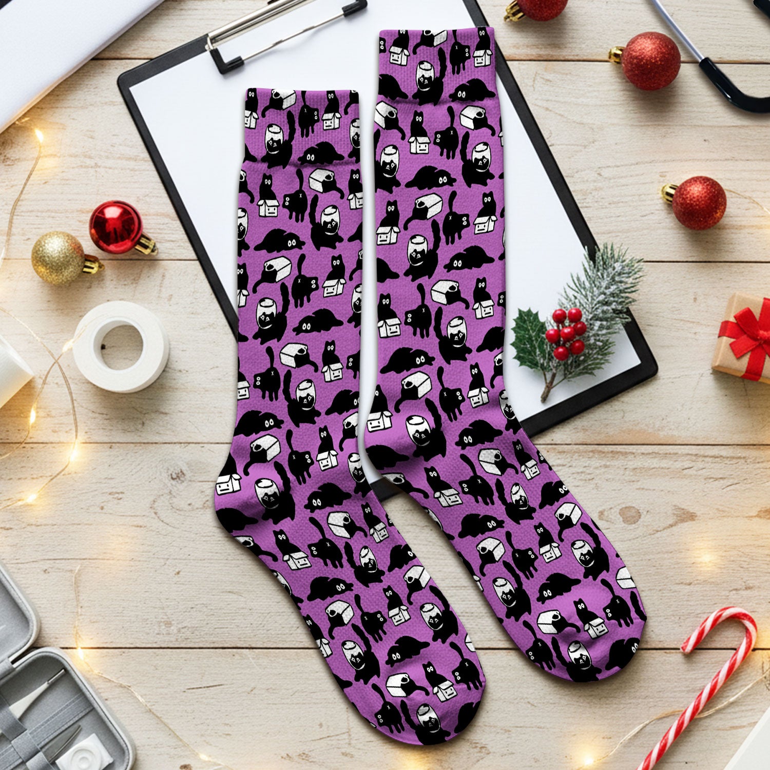 Dark Playful Cat Cartoon Pattern Medical Socks, Socks for Nurse Doctor