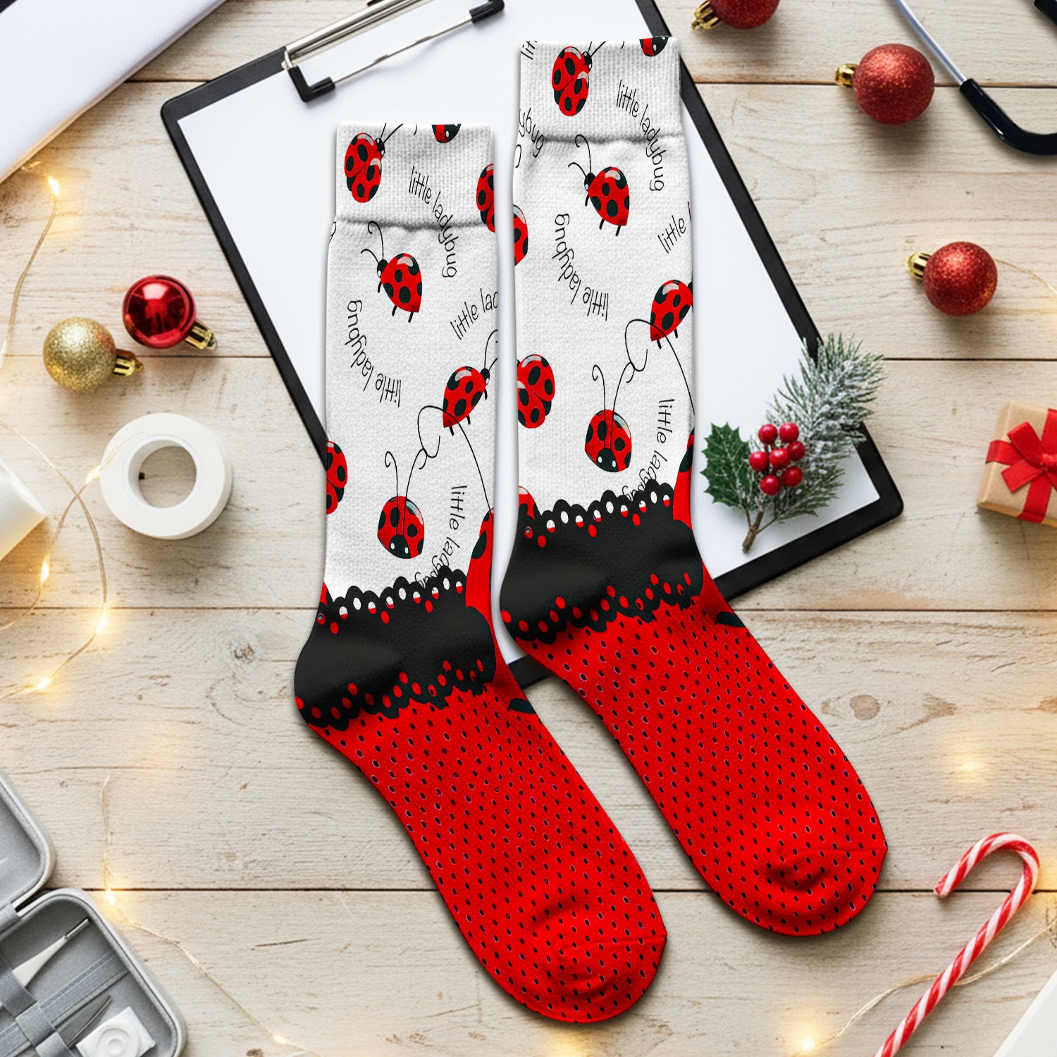 Cute Little Ladybug Polka Dot Pattern Socks, Adult Socks for Men and Women