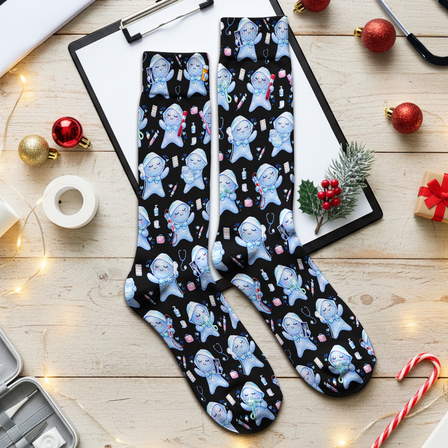 Cute Tooth Character Dental Tools Caring Pattern Socks, Breathable Fabrics Medical Uniform