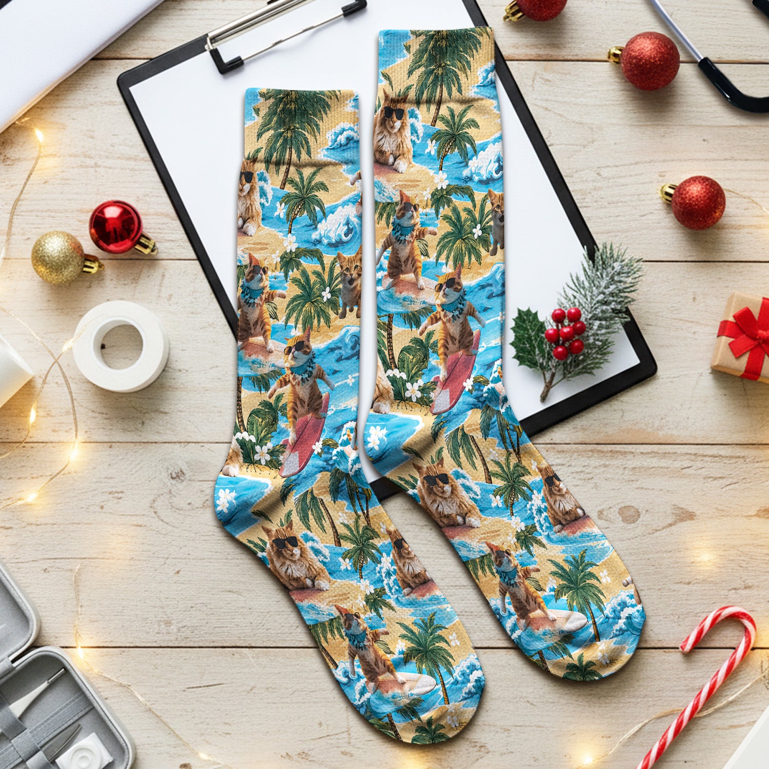 Tropical Surfing Cat with Beach Wave Island Print Socks, Adult Socks for Men and Women
