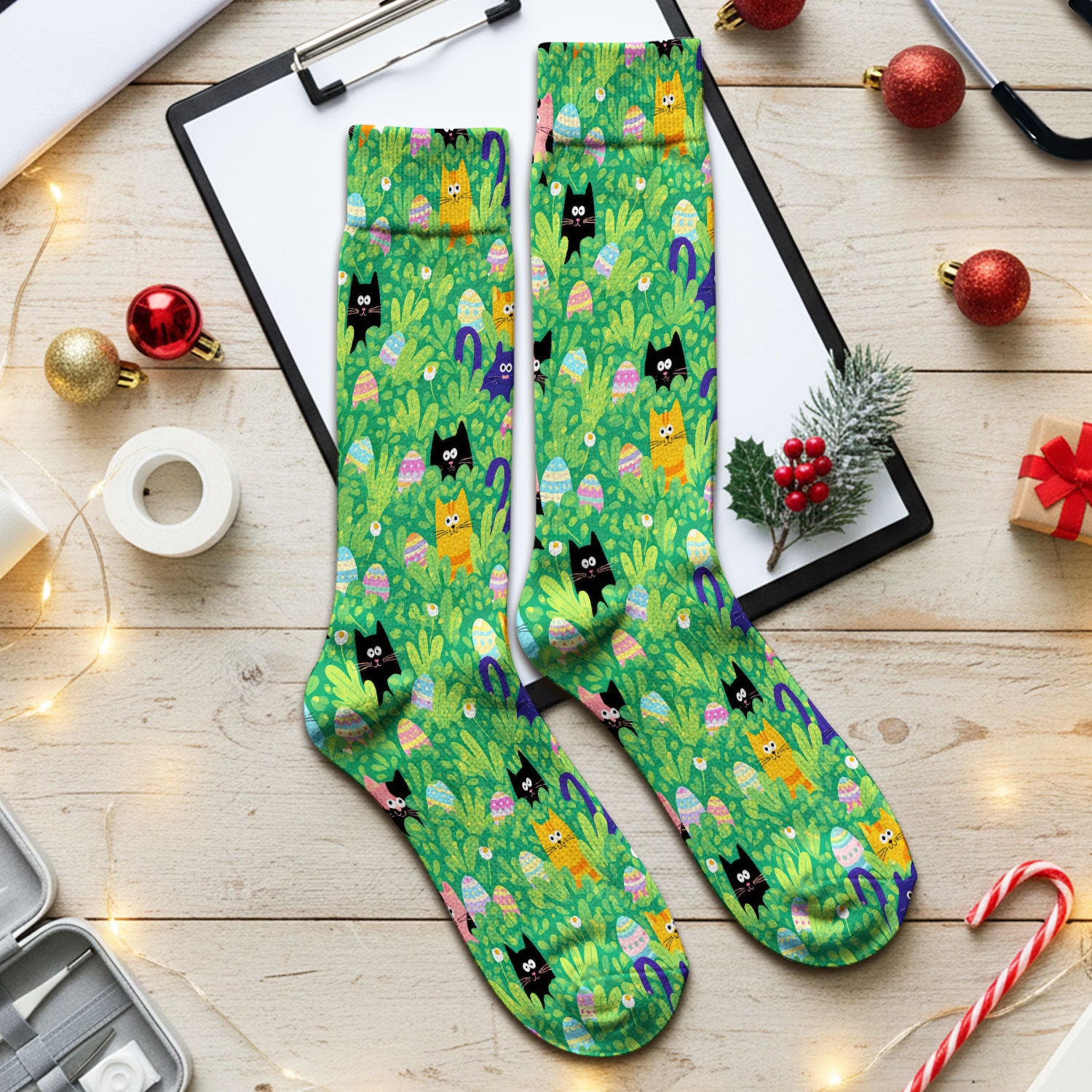 Colorful Easter Cats Green Leaves Print Socks, Breathable Fabrics Medical Uniform