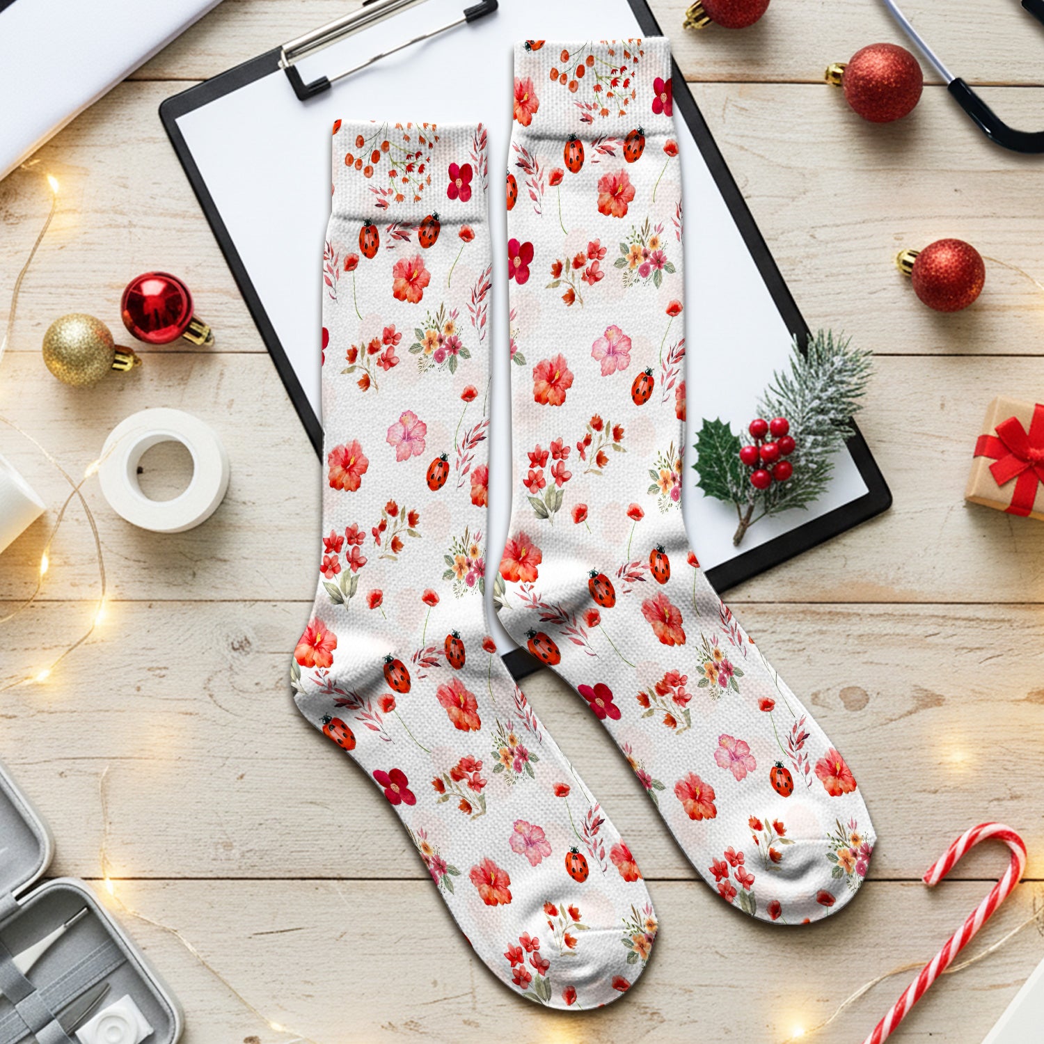 Red Ladybug Floral Garden Pattern Socks, Socks for Nurse Doctor