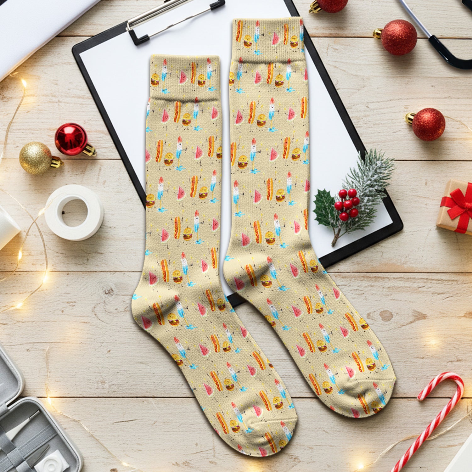 Funny Summer Food Icons Pattern Socks, Breathable Fabrics Medical Uniform