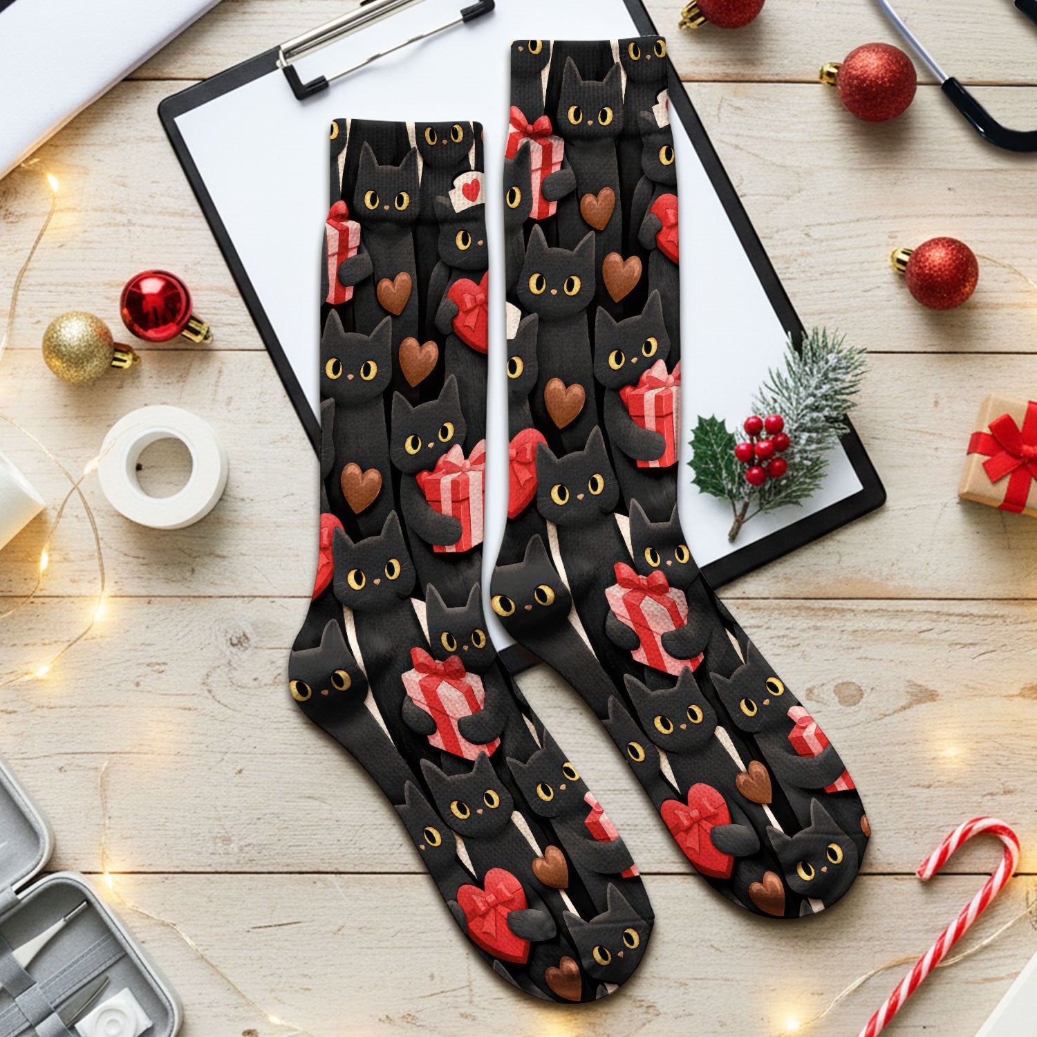 Black Cat Valentine Nurse Scrub Socks, Heart Pattern Medical Socks, Breathable Fabrics Nursing Uniform