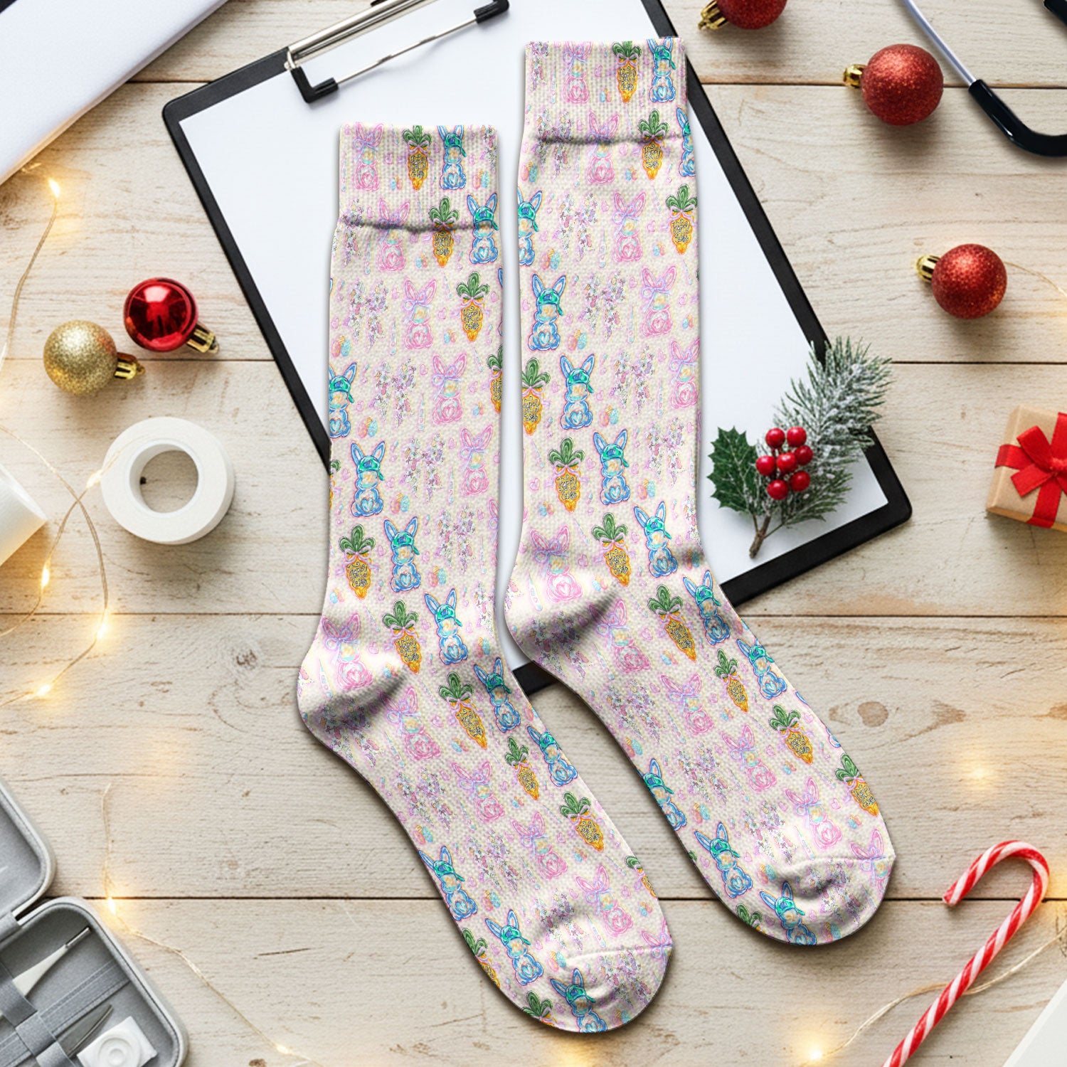 Easter Bunny Carrot Bow Floral Print Socks, Breathable Fabrics Medical Uniform