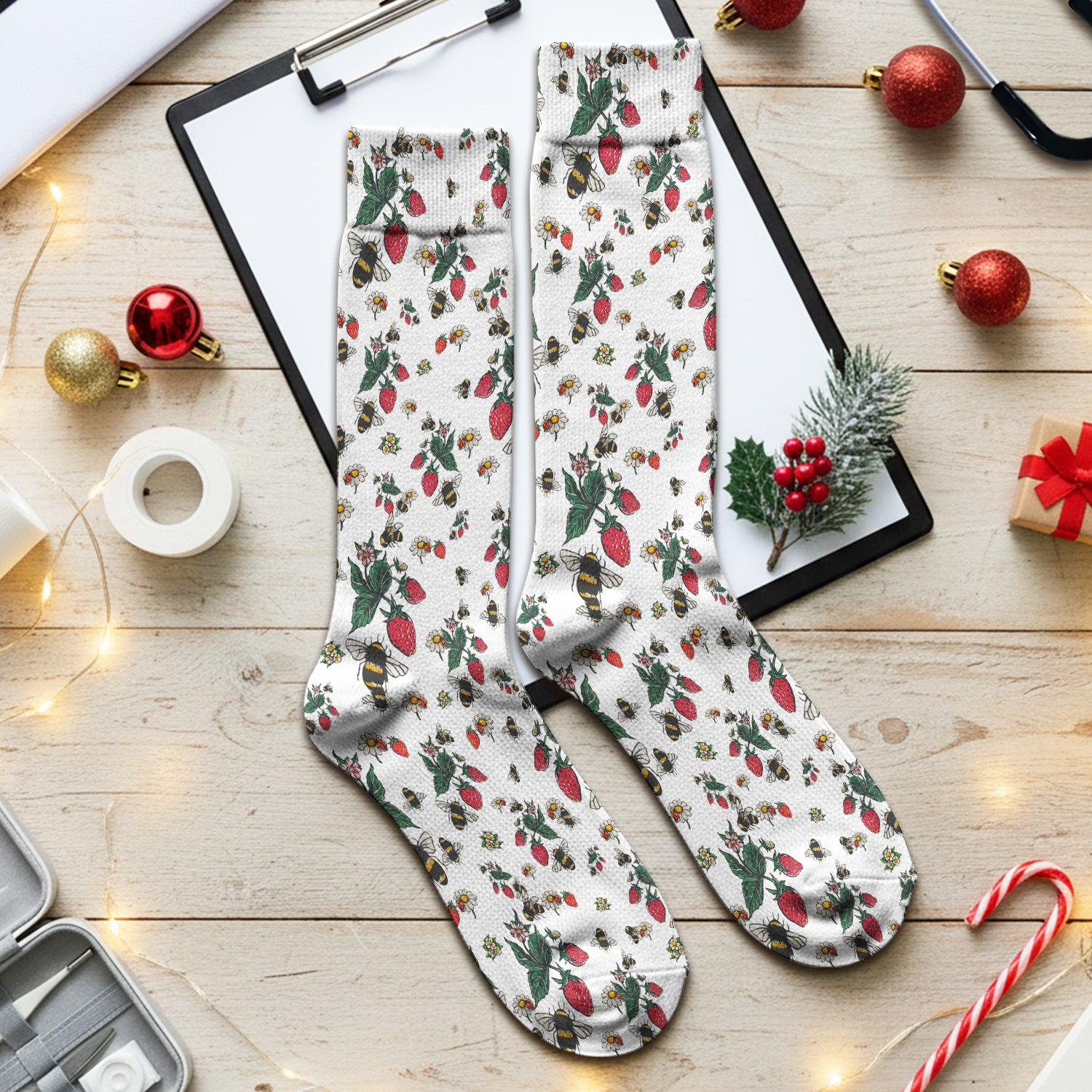 Cute Strawberry Bee Daisy Floral Pattern Scrub Socks, Socks for Nurse Doctor