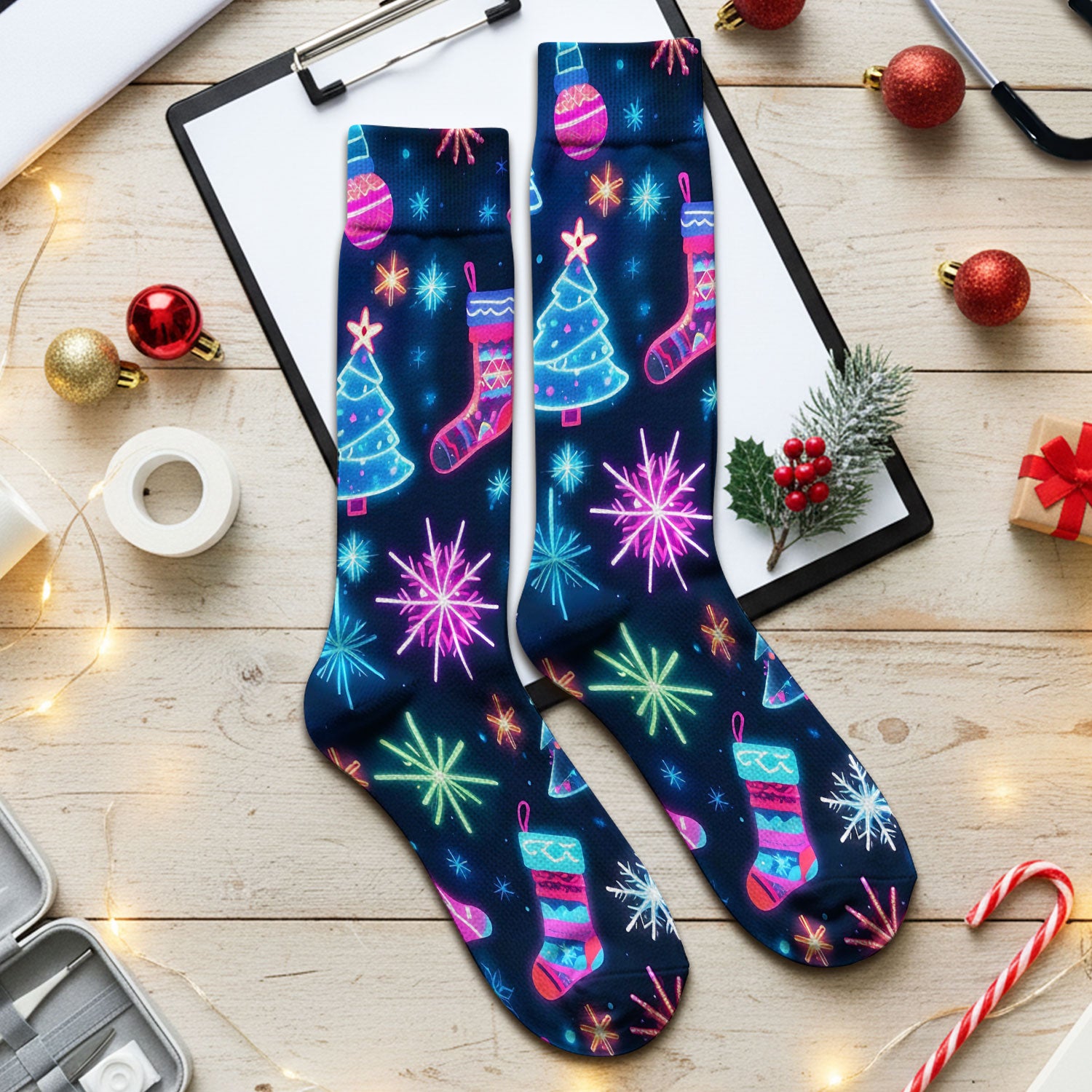 Xmas Neon Pattern Scrub Socks, Christmas Scrub Sock, Breathable Fabrics Nursing Uniform