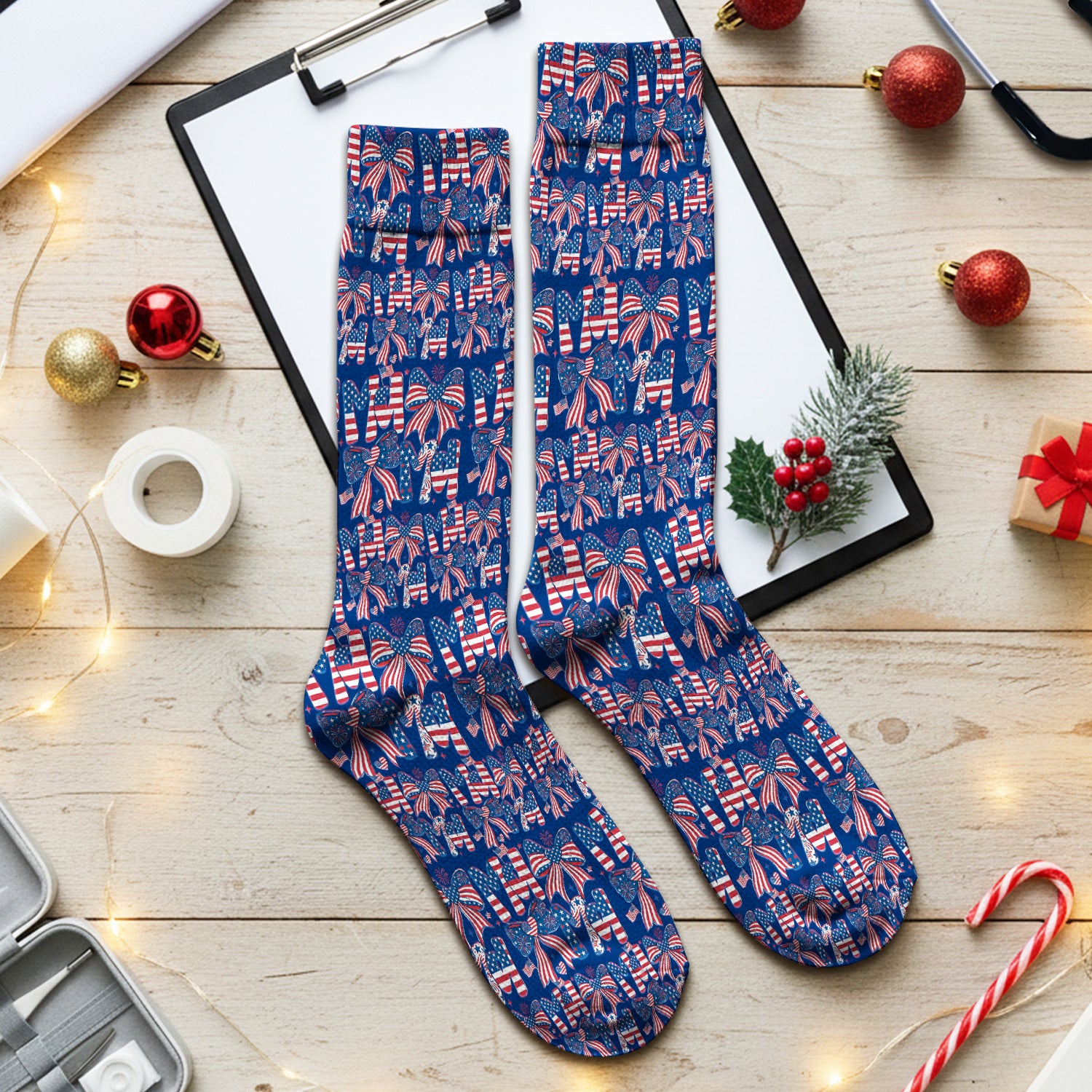 American Flag MAMA Bow Pattern Socks, Breathable Fabrics Medical Uniform