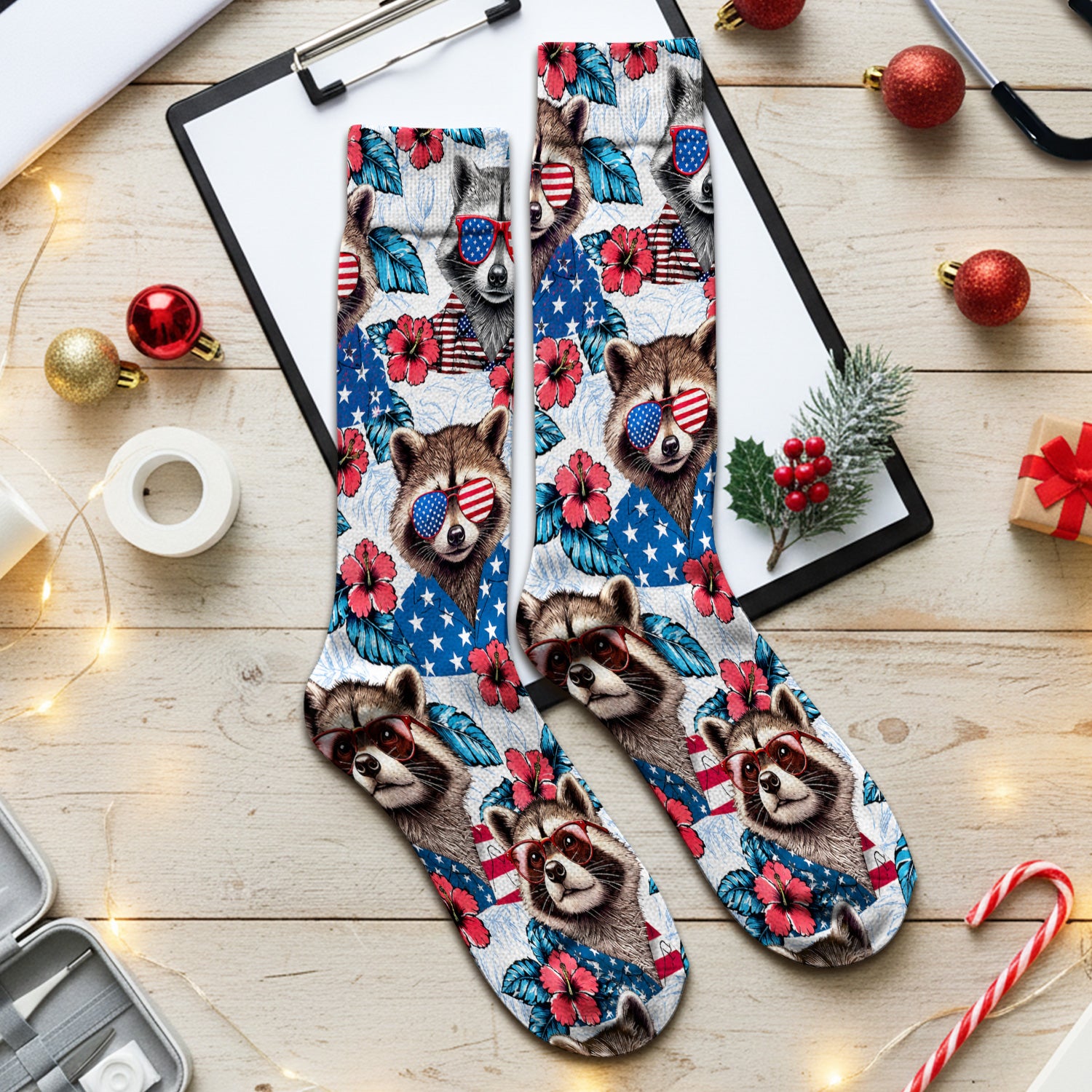 Funny Patriotic Raccoon Sunglasses Pattern Socks, Adult Socks for Men and Women