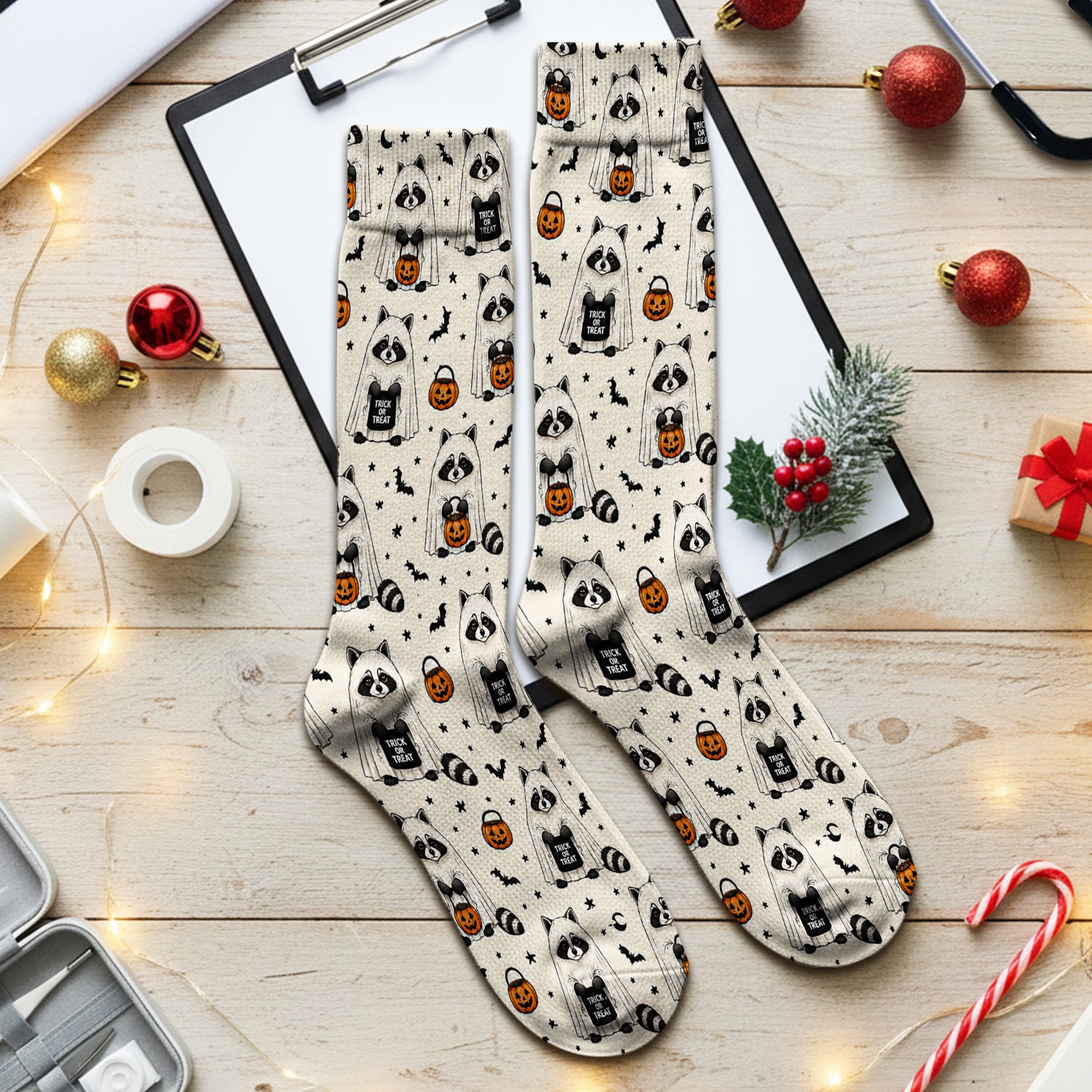 Cute Halloween Ghost Raccoon Socks, Adult Socks for Men and Women