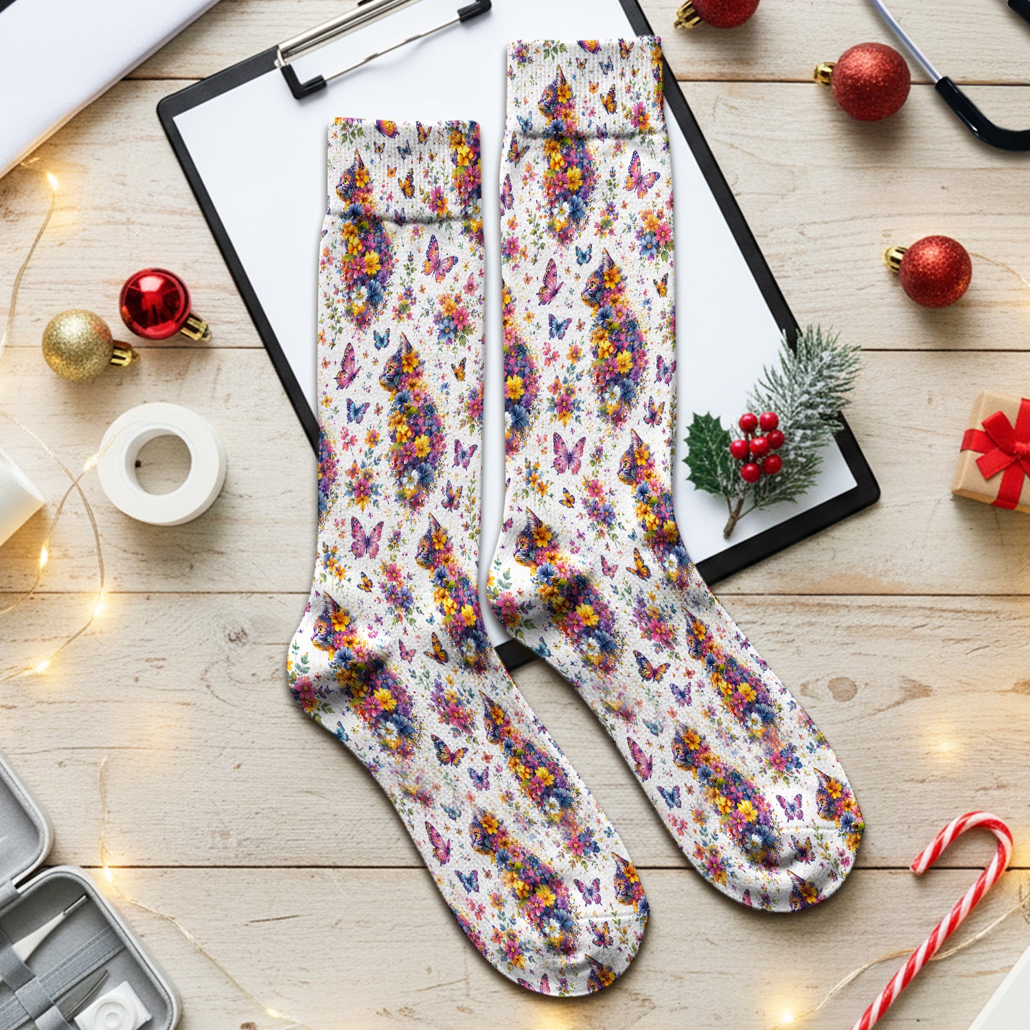 Cute Floral Cat With Butterfly Pattern Socks, Adult Socks for Men and Women