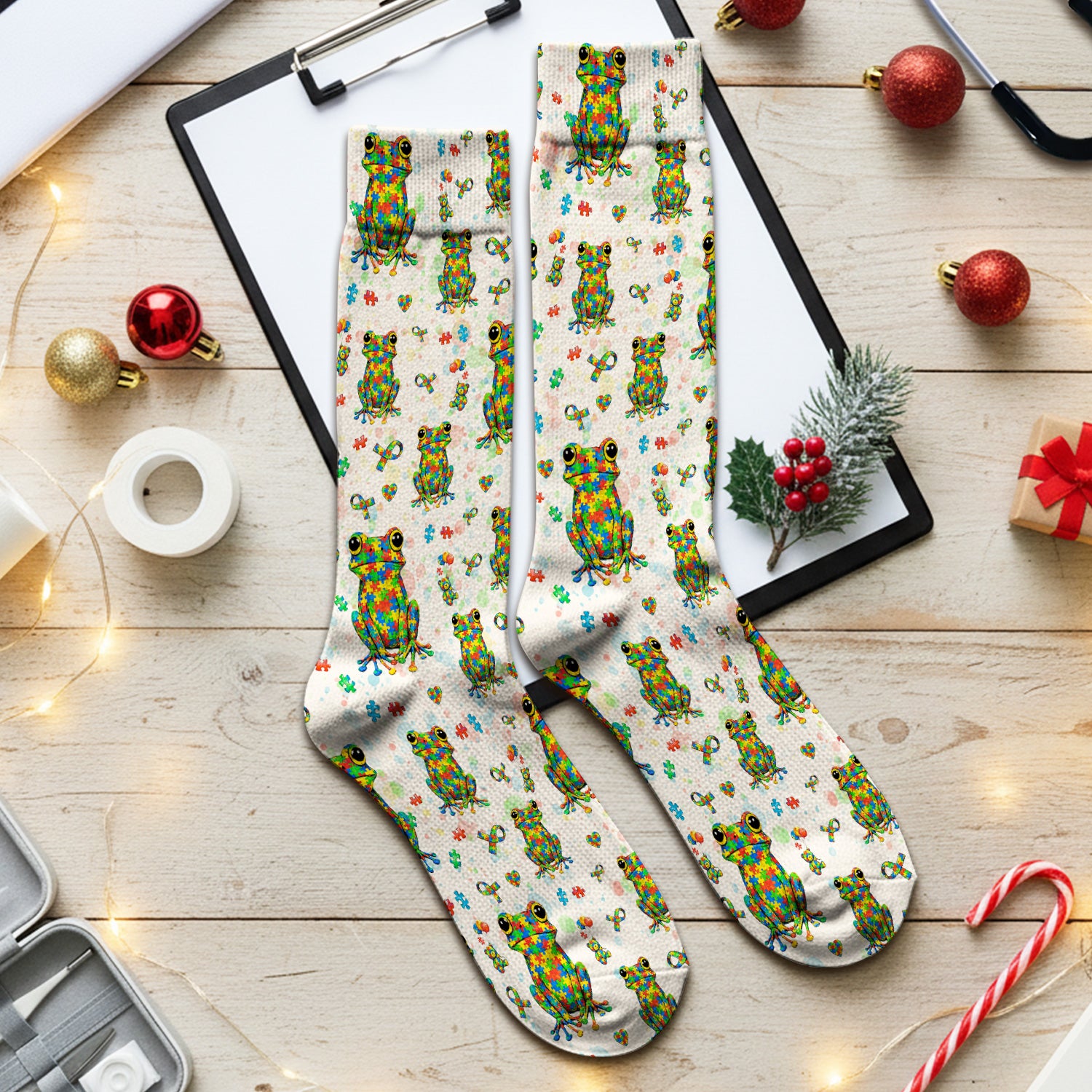 Colorful Autism Puzzle Frog Pattern Socks, Adult Socks for Men and Women