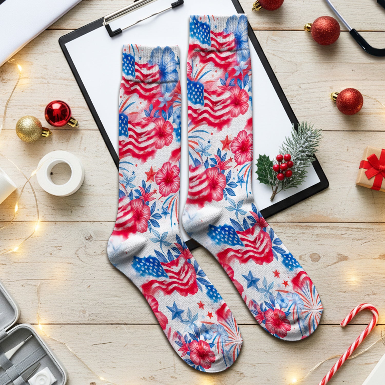 Patriotic American Flag Floral Pattern Socks, Adult Socks for Men and Women