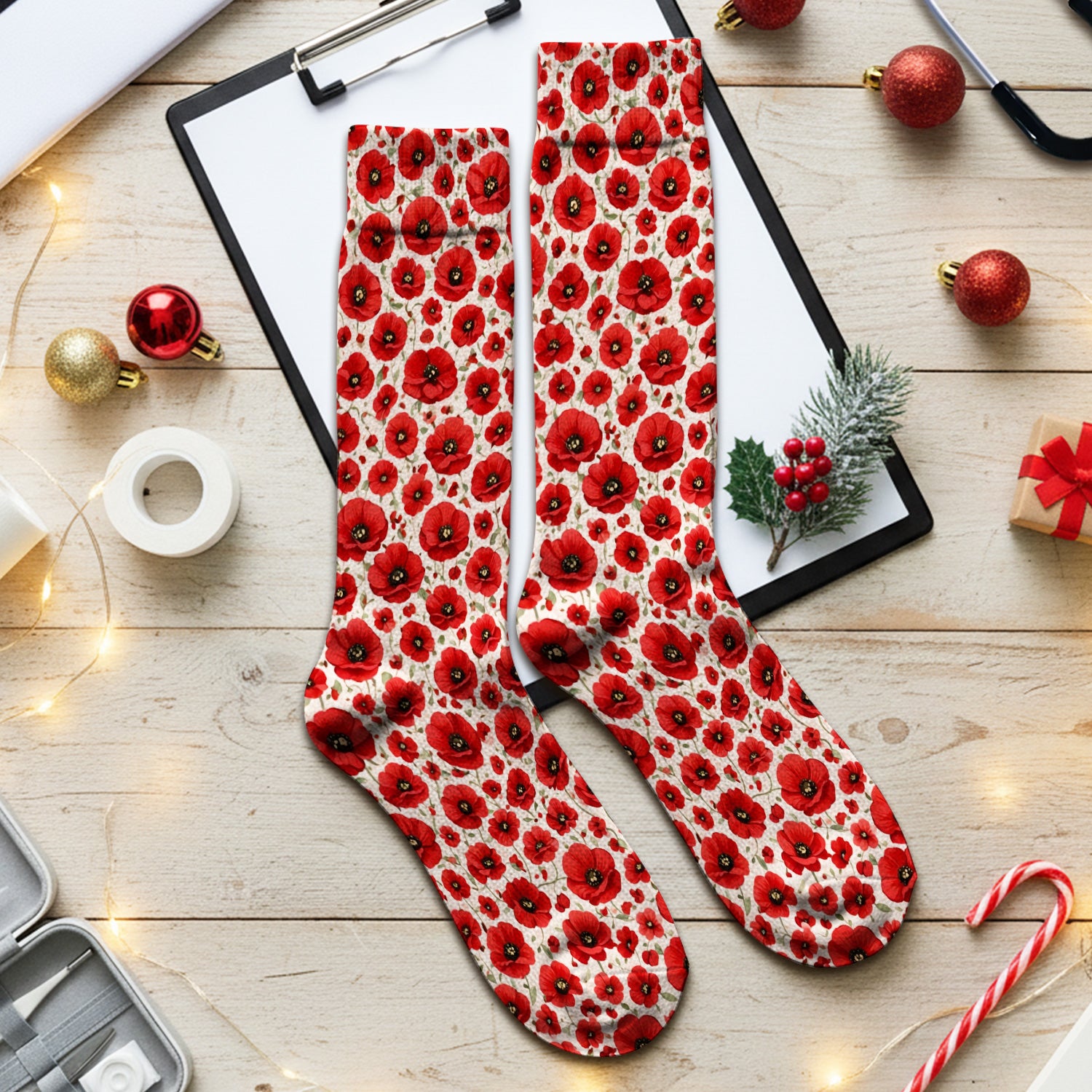 Pretty Red Poppy Flower Garden Pattern Socks, Adult Socks for Men and Women