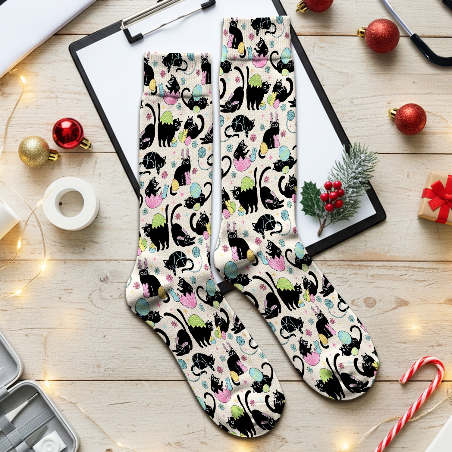 Funny Easter Black Cat Egg Pattern Print Socks, Adult Socks for Men and Women