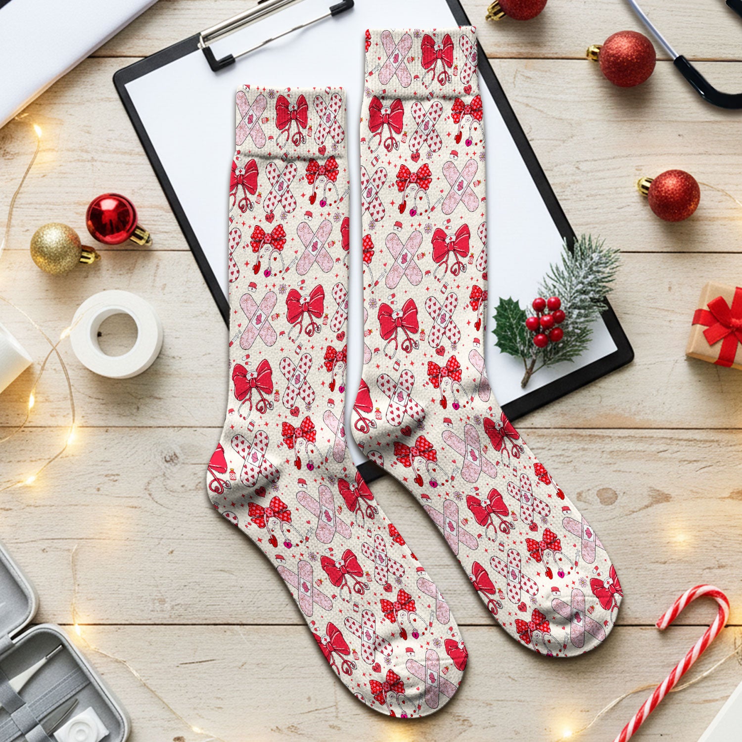 Valentine Nurse Scrub Socks, Red Bow And Heart Bandage Pattern Medical Sock, Breathable Fabrics Nursing Uniform