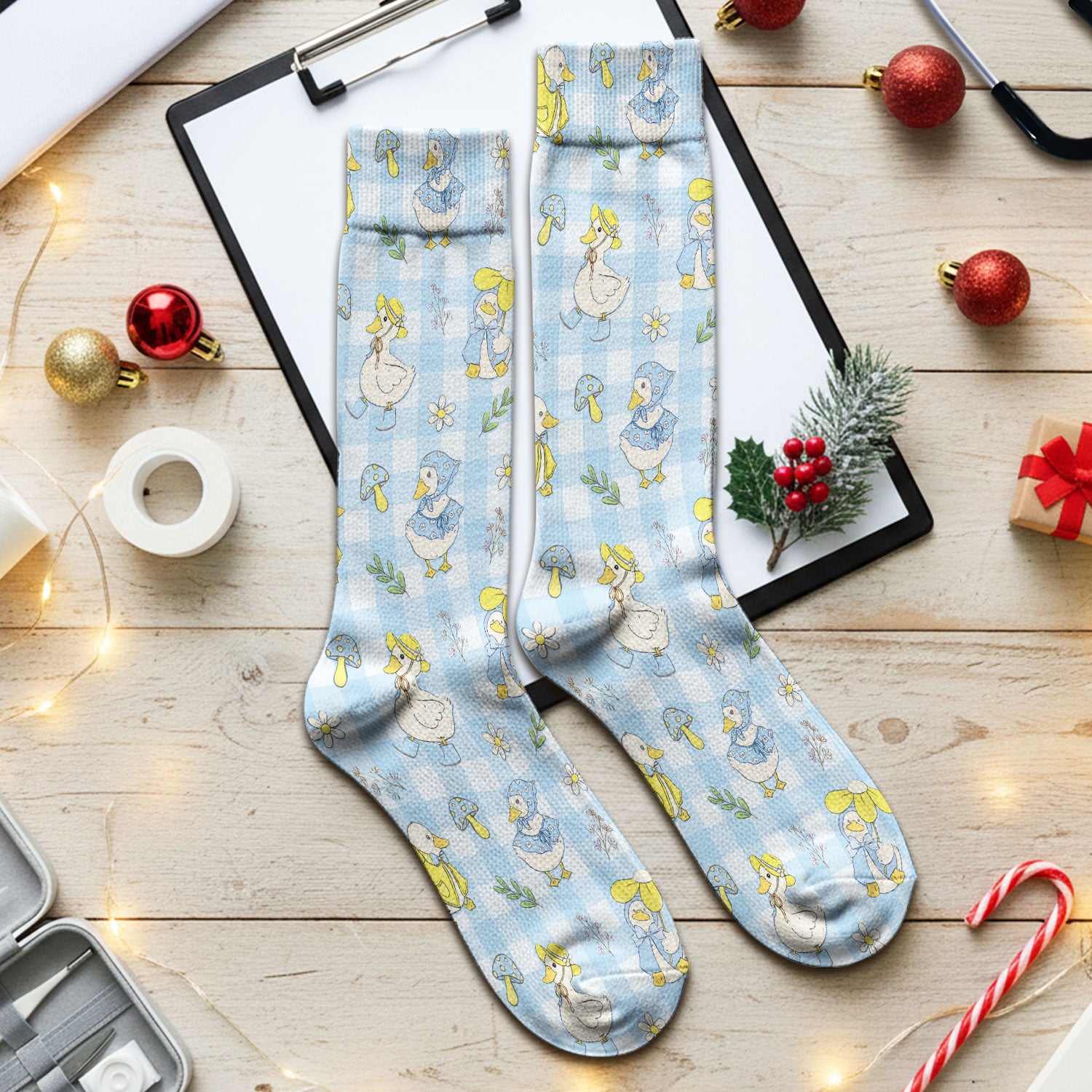 Cute Duck Outfit Gingham Pattern Scrub Socks, Socks for Nurse Doctor