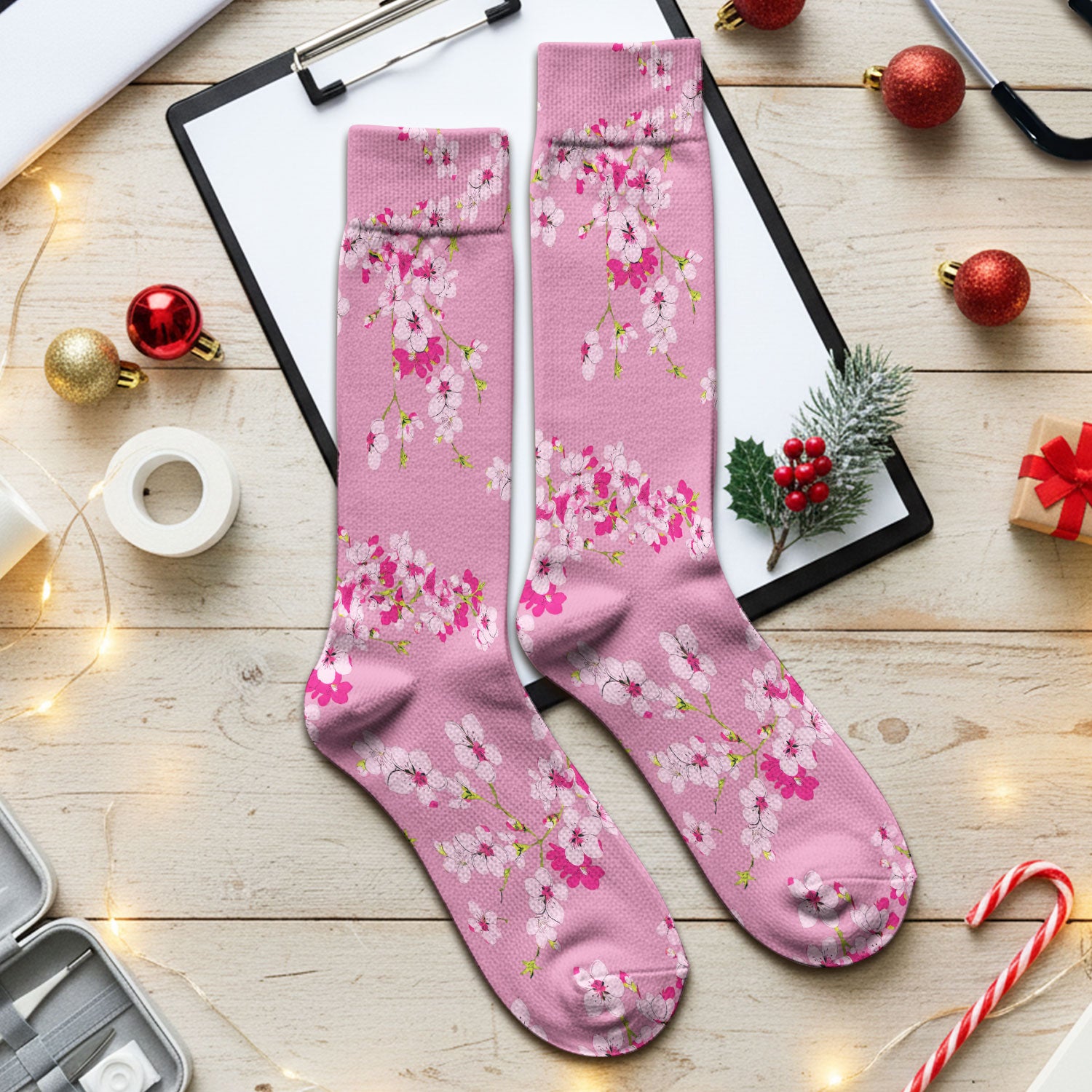 Elegant Cherry Blossom Floral Pattern Socks, Breathable Fabrics Medical Uniform
