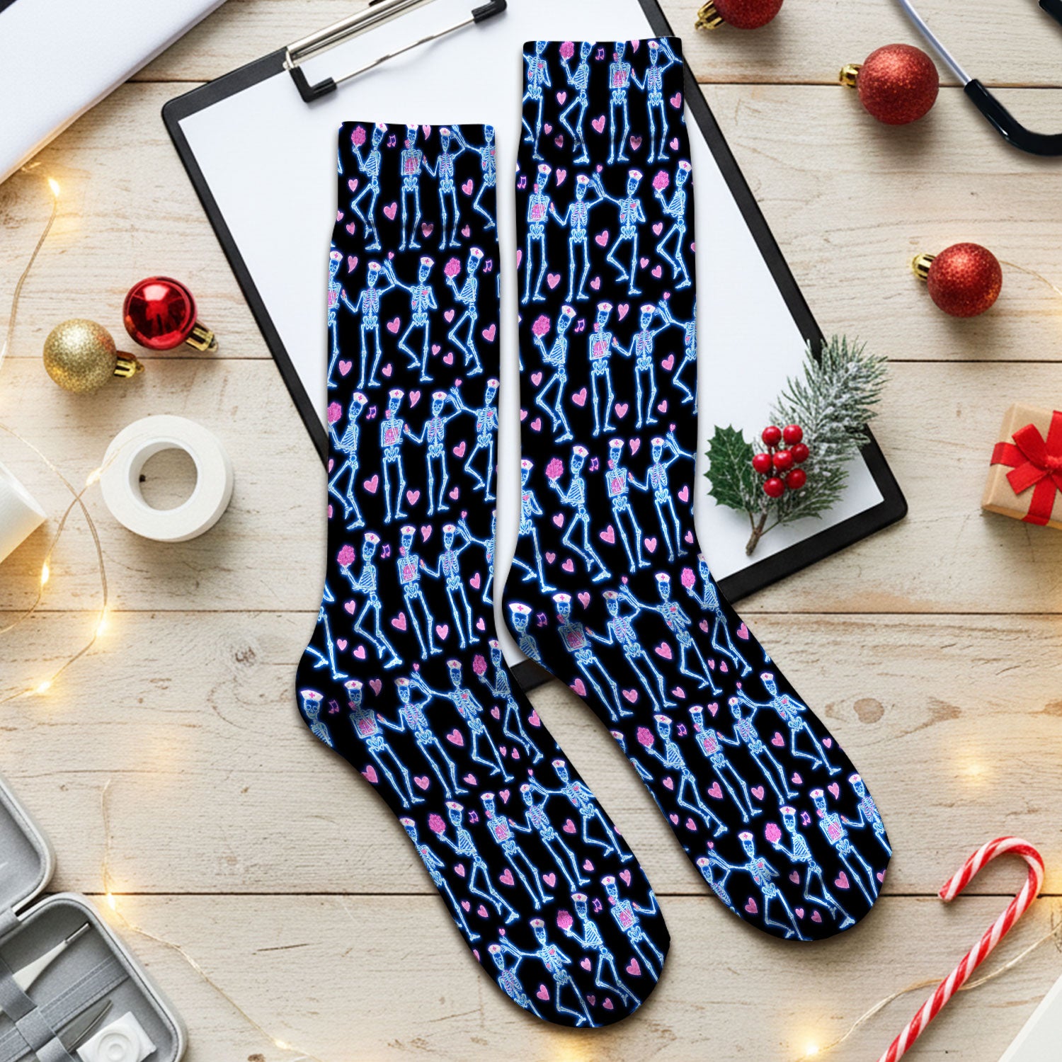 Skeleton Nurse Heart Pattern Socks, Playful Nurse Style, Adult Socks for Men and Women